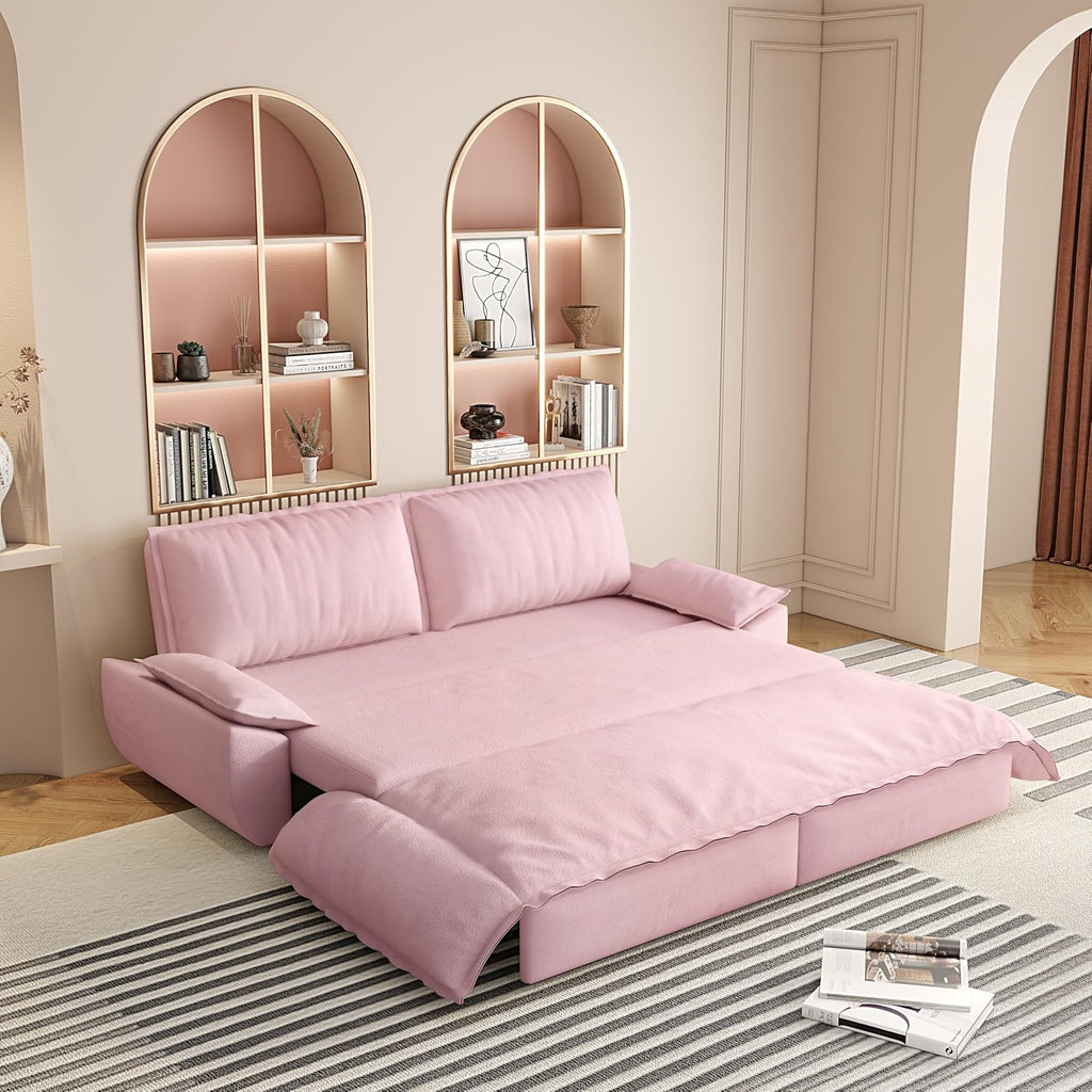 3-in-1 Convertible Sofa Bed Queen Size Pull Out Sleeper Sofa with Heavy Duty Metal Frame, Luxurious Velvet Upholstered Loveseat with 2 Pillows, Modern Folding Guest Bed for Living Room, Apartment | Removable Cushions