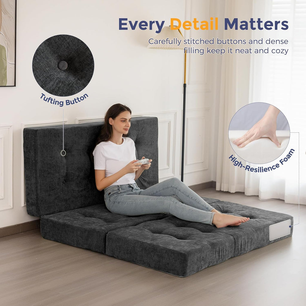 MAXYOYO 6' Folding Sofa Bed for Floor, Tufted Tri-Fold Floor Mattress with Chenille Fabric, Queen Size Portable Sofa Couch Guest Mat for Adults, Foldable Topper for Camping, Dark Grey, 59'x78.7'