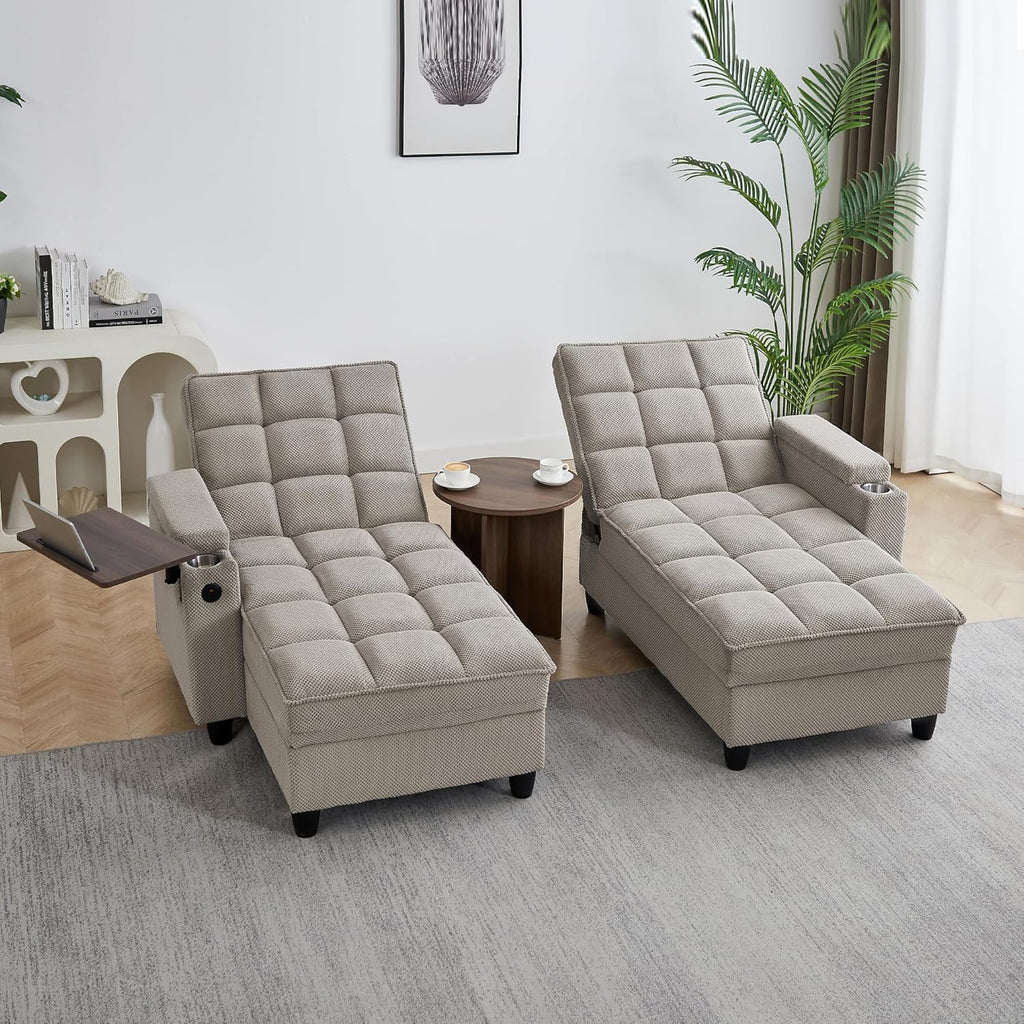 70.9' Chaise Lounge Chair Indoor, Oversized Boucle Upholstered Sofa Bed, Adjustable Backrest Deep Seat Reading Chair, Sofas Couches for Living Room with Storage, Cup Holders and 360° Swivel Side Table