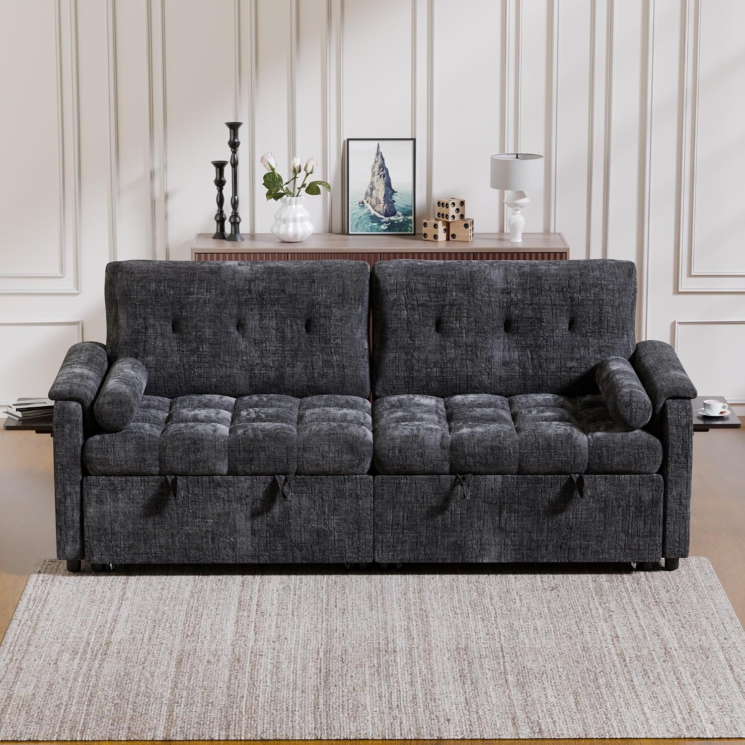Convertible Sleeper Sofa Bed, 86 Inch Chenille Pull Out Couch with Side Table & Adjustable Backrest, Sectional Sleeper Sofa with Pull Out Bed for Living Room, Apartment, Black