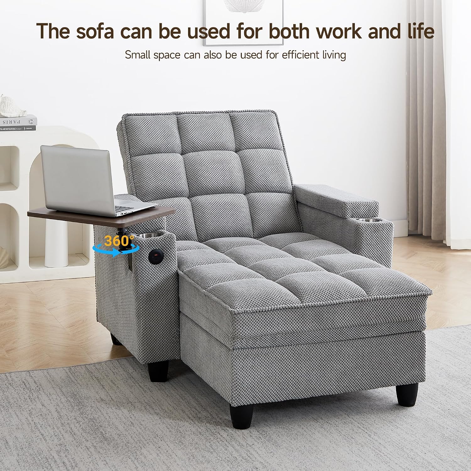 41.7' Oversized Chaise Lounge Chair Indoor, Boucle Upholstered Sofa Bed with Adjustable Backrest, Deep Seat Reading Chair, Sofas Couches for Living Room, Storage, Cup Holders & 360° Swivel Side Table