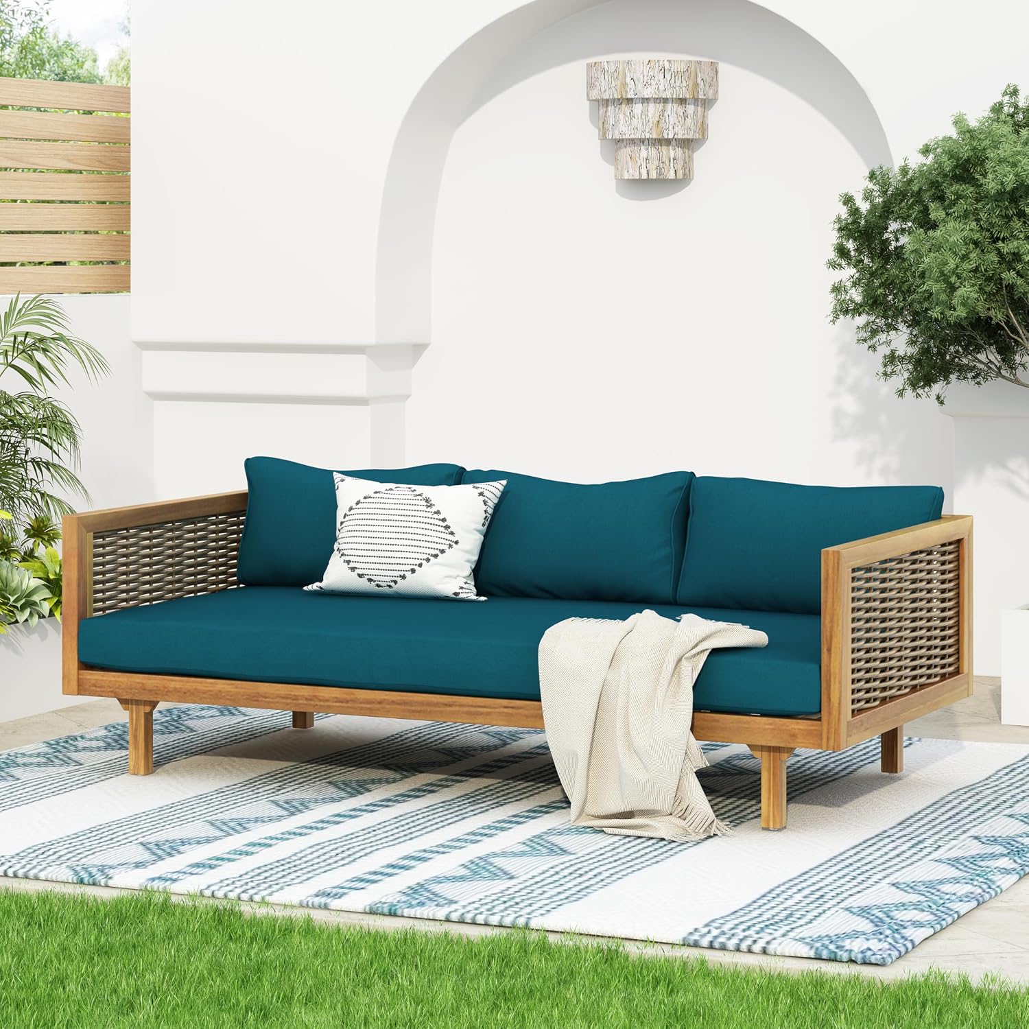 Merax 67.5' Outdoor Patio Daybed 3 Seater Sofa Bed,Acacia Wood Frame with Rattan Arm,Cushion & Pillow for Courtyard