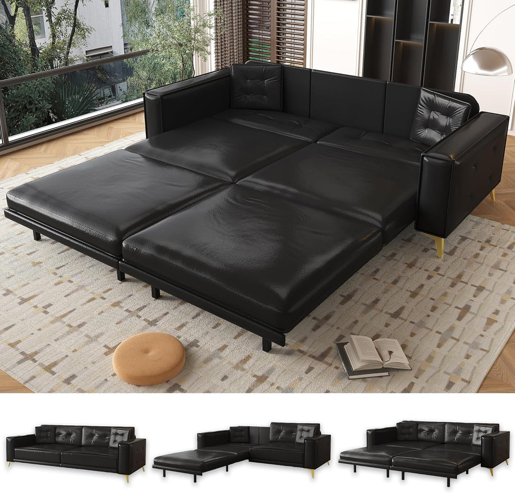 92.1'' Pull Out Sofa Bed King, Faux Leather Futon Couch, 3-in-1 Convertible Sleeper Sofa with Tufted Back, 2 Pillows, Gold Furniture Legs, Deep Loveseat for Living Room, Apartment, Black