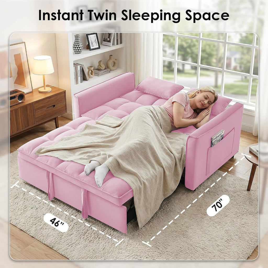 3 in 1 Convertible Sleeper Sofa Bed, 55' Pull Out Couches, Modern Loveseat Sleeper Sofa with Adjustable Reclining Backrest & Side Pockets for Living Room, Velvet Fabric, Pink
