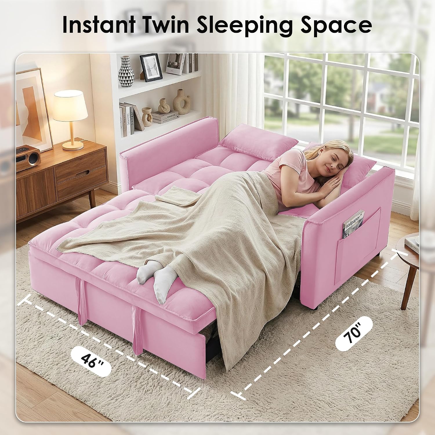 3 in 1 Convertible Sleeper Sofa Bed, 55' Pull Out Couches, Modern Loveseat Sleeper Sofa with Adjustable Reclining Backrest & Side Pockets for Living Room, Velvet Fabric, Pink