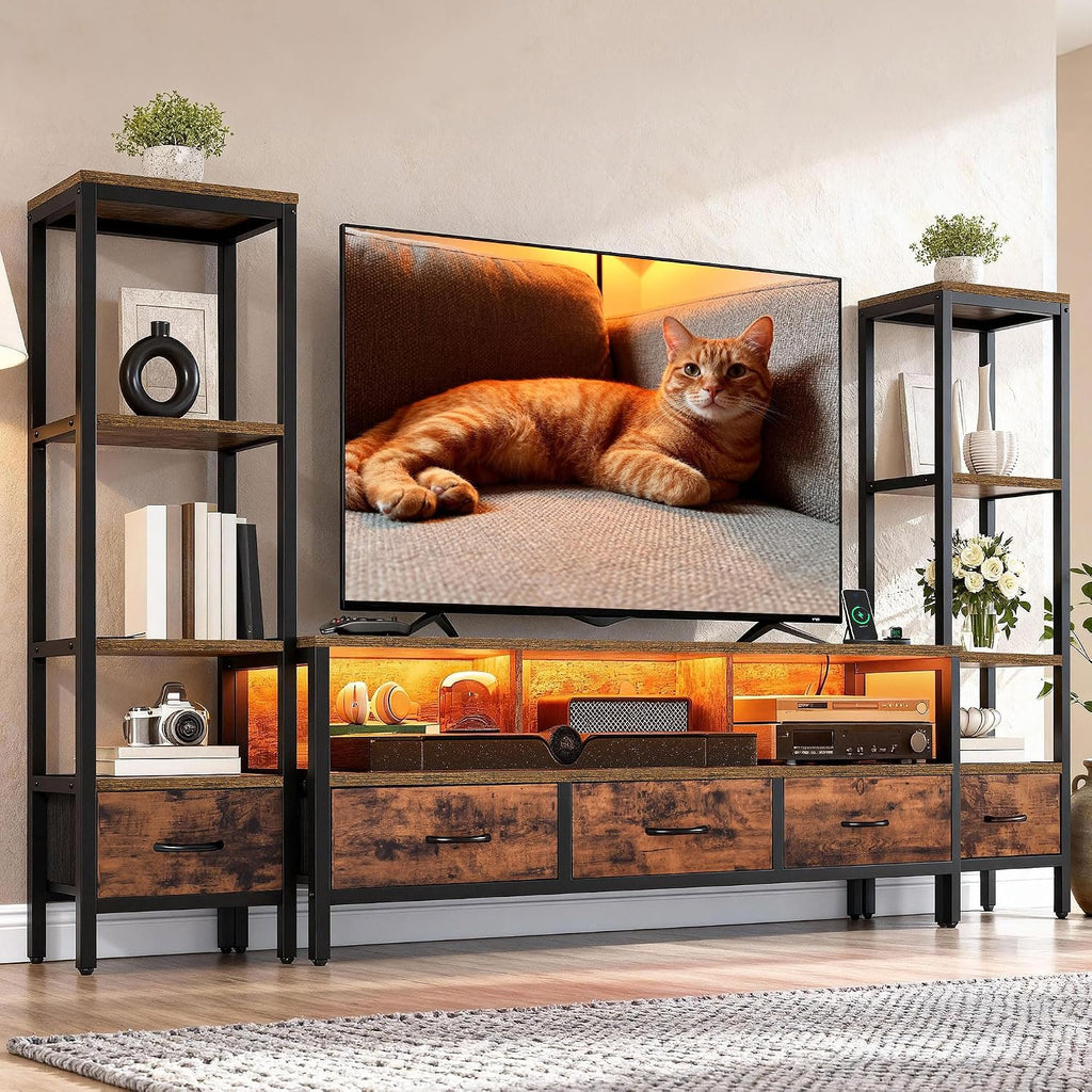 DWVO Entertainment Center with Bookshelves, LED TV Stand for 65/60 inch TV, Retro TV Stand for Living Room with 2 Industrial 4-Tier Bookshelves & Power Outlets,Rustic Brown