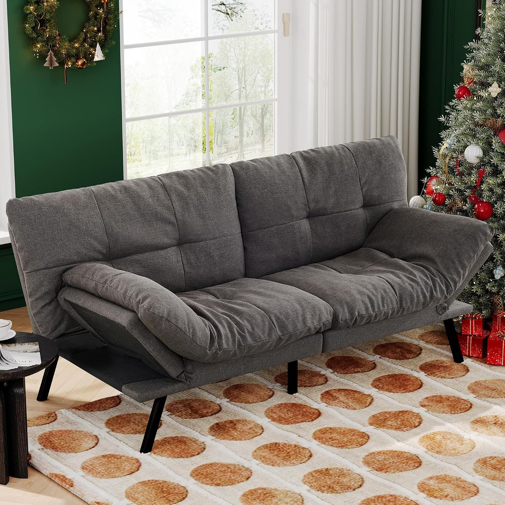 Convertible Futon Sofa Bed,71' Modern Fabric Futon Couch with Adjustable Backrest&Armrest,Small Loveseat Sleeper Sofa,Dorm Futonsofa for Apartment,Living Room,Detachable Cushions,Flint Grey