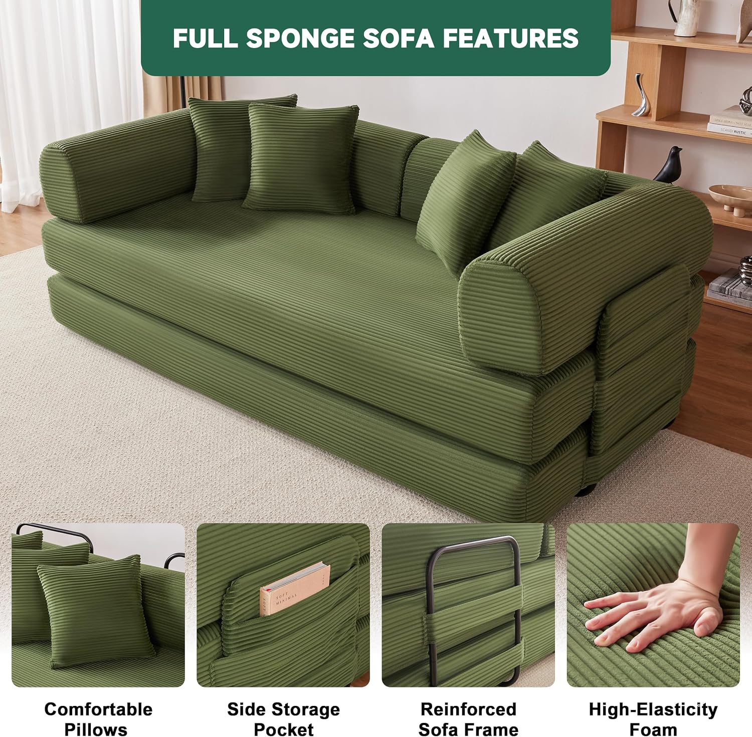 78 Inch Corduroy Convertible Sleeper Sofa Bed, 4-in-1 Oversized Futon Boneless Couches for Living Room with Fixed-Shape Frame, Loveseat Sleeper with Pull Out Bed, No Assembly, Olive Green
