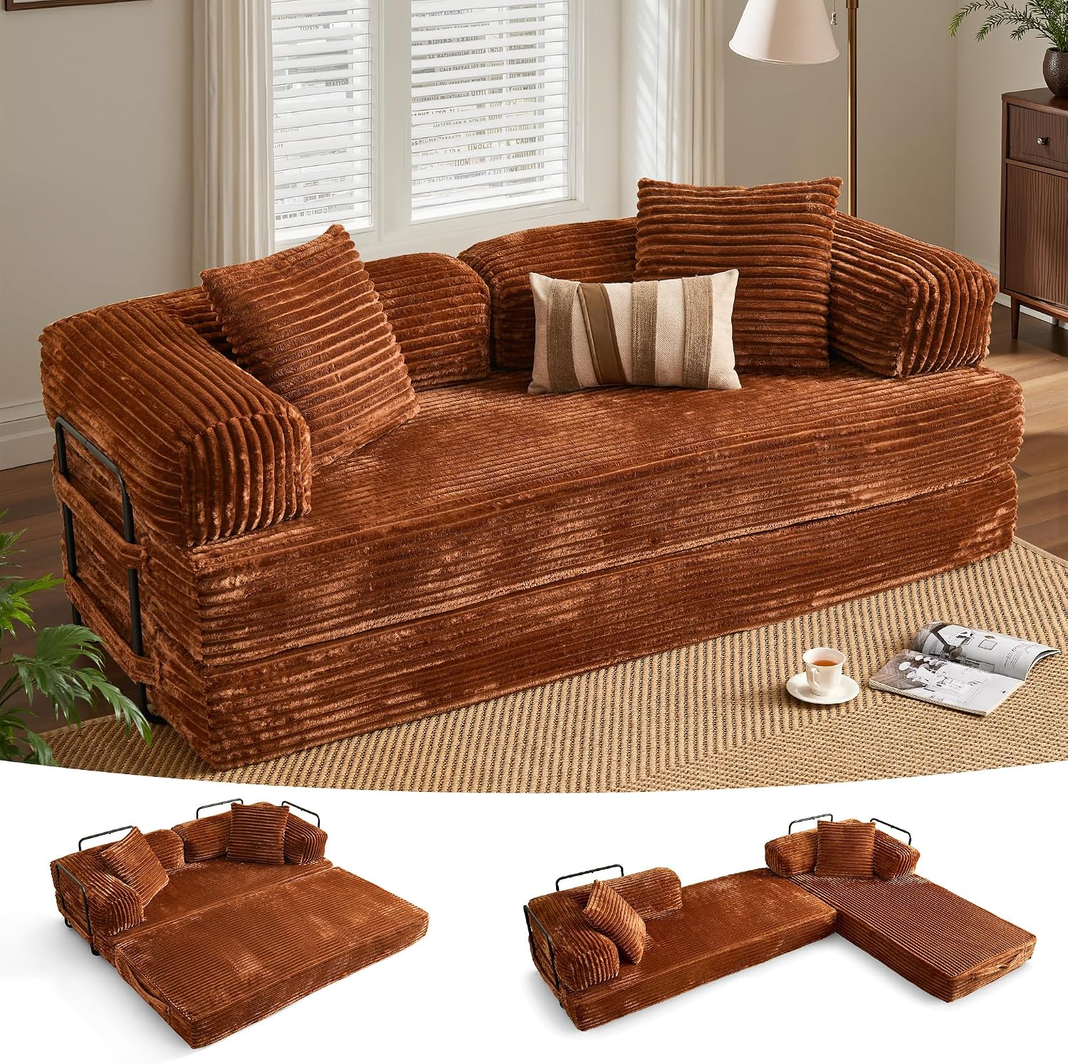 ovios 81' Folding Sofa Bed, Foldable Sleeper Boneless Couch with Pull Out Beds, Modular Convertible Floor Futon Loveseat Lounger for Living Room (Faux Fur, Brown)