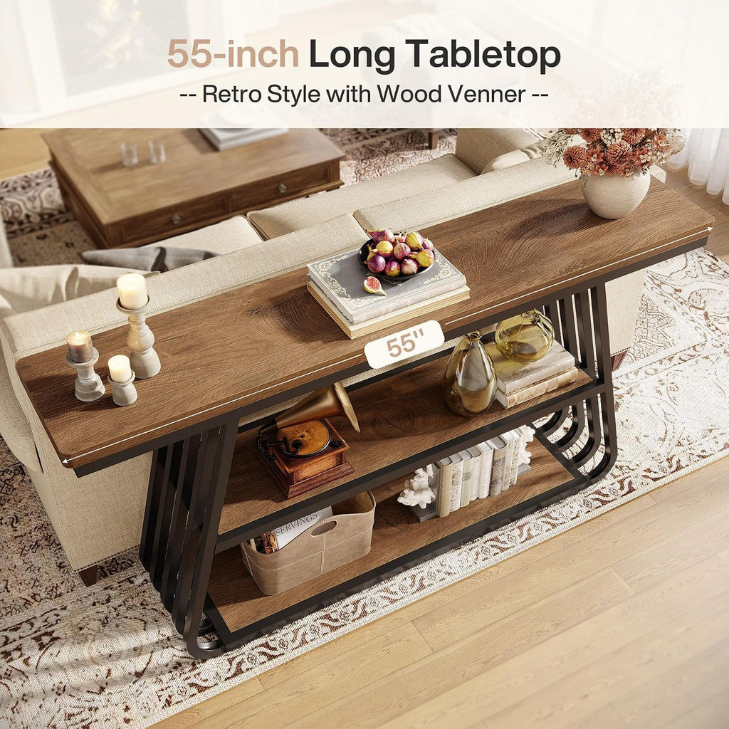 Tribesigns 55' Entryway Table with Shelves, 3-Tier Console Table Sofa Table with Iron Frame, Wooden Entry Table for Living Room, Foyer, Hallway, Industrial Style