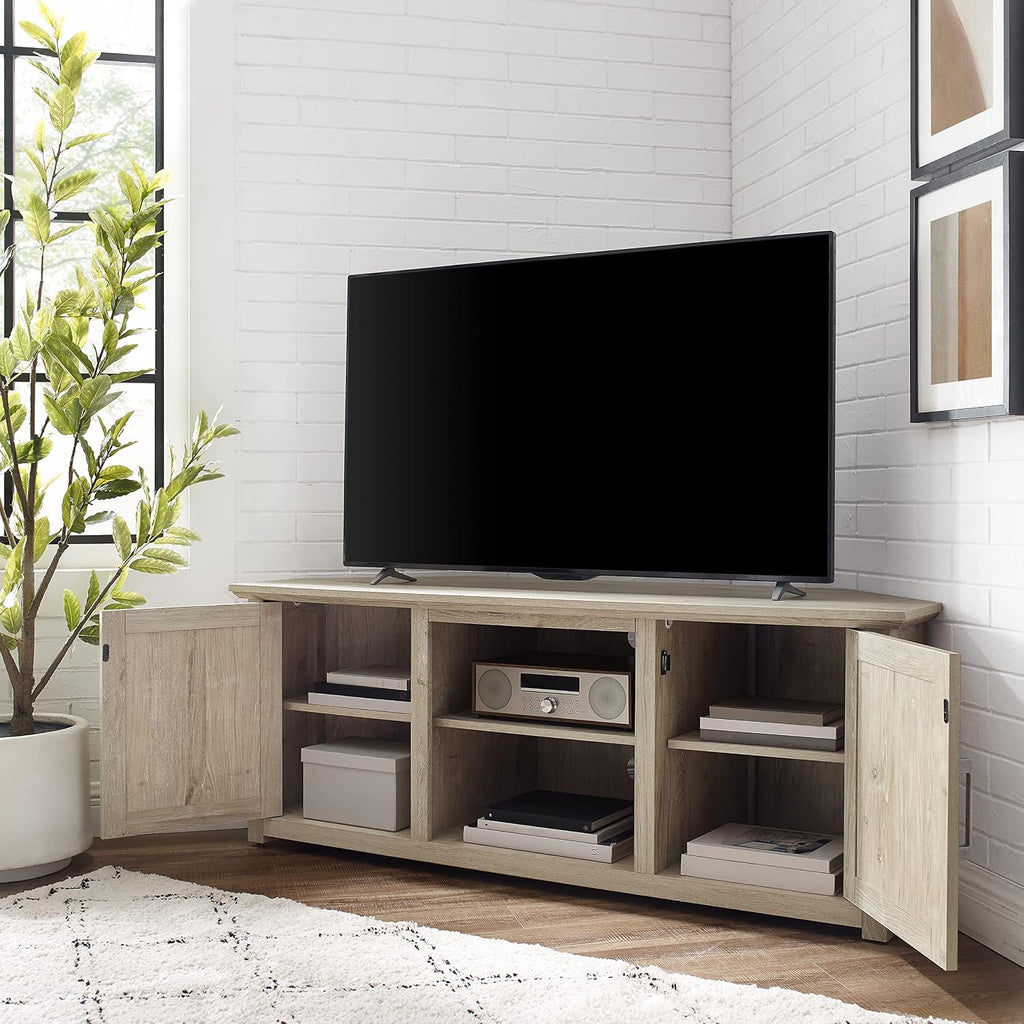 Crosley Furniture Camden Corner TV Stand for 65+ inch TVs, Entertainment Center with Storage Shelves, Frosted Oak
