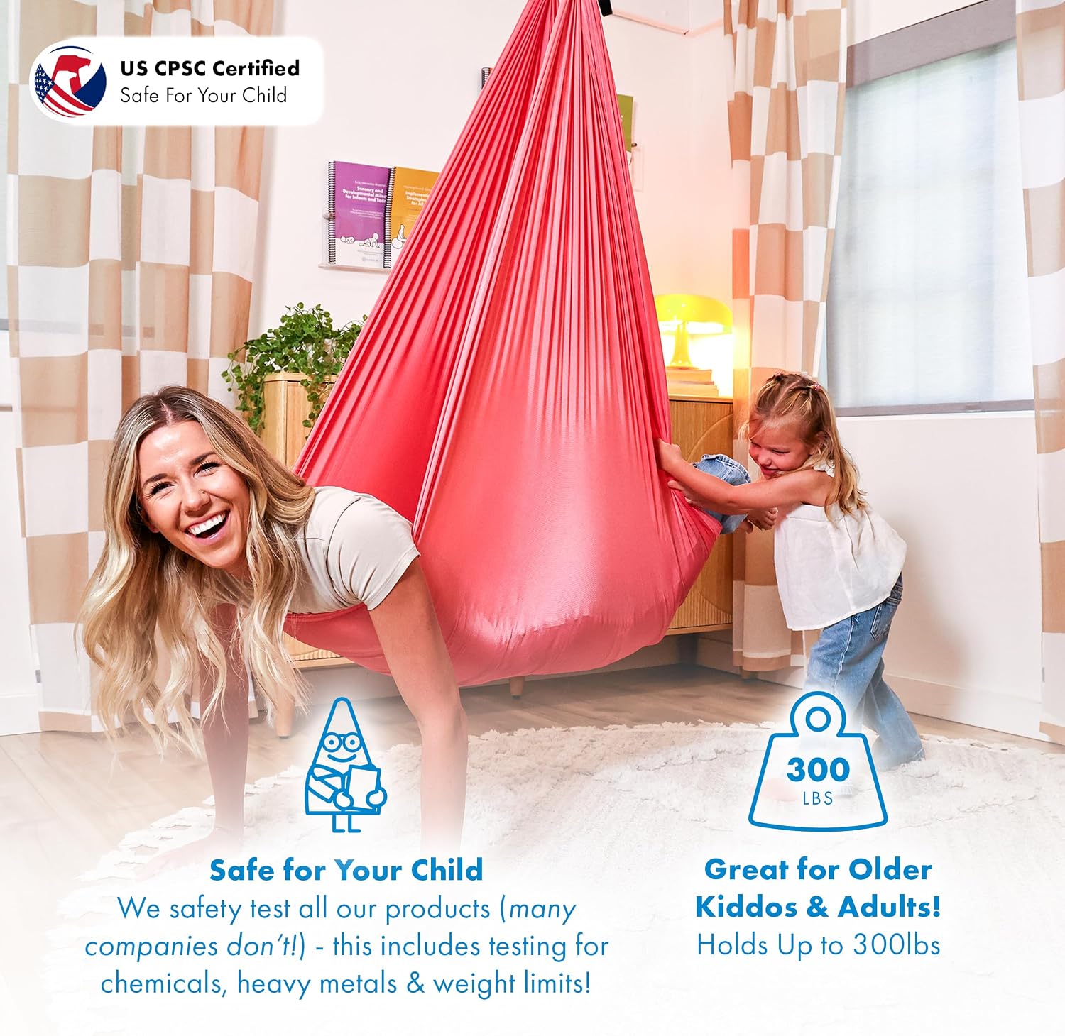 Harkla Sensory Swing for Kids & Adults - Holds 300lbs, Indoor Outdoor Sensory Swing for Hug Like Calming Effect - Durable Soft Stretch Fabric and Heavy Duty Hardware (Pink, 100' Swing + 5' Swivel)