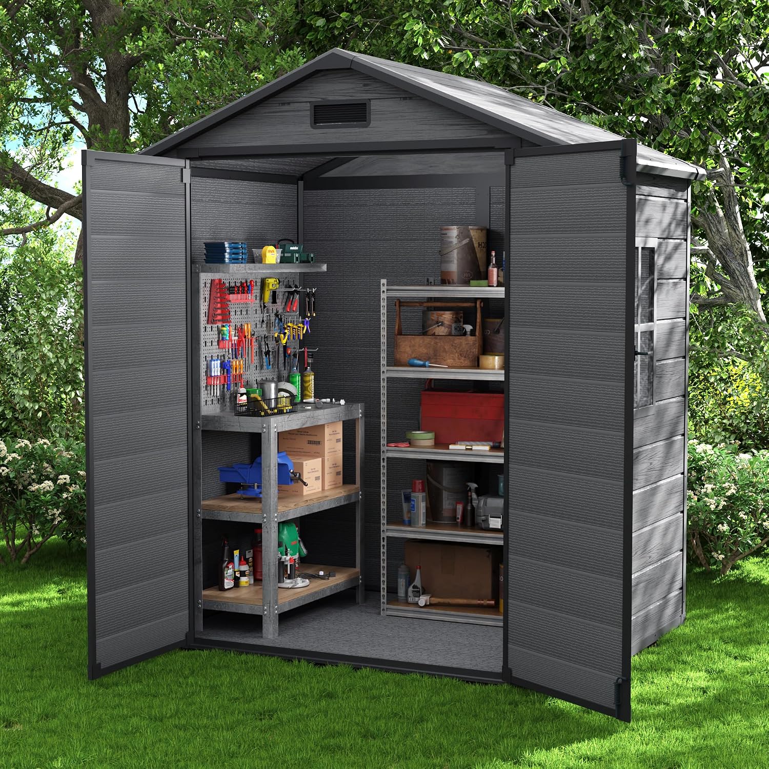 UDPATIO Outdoor Storage Shed 6x4.5 FT, Garden Resin Shed for Bike, Garbage Can, Tools, Outside Plastic Sheds with Floor for Backyard, Patio, Lawn, Dark Grey