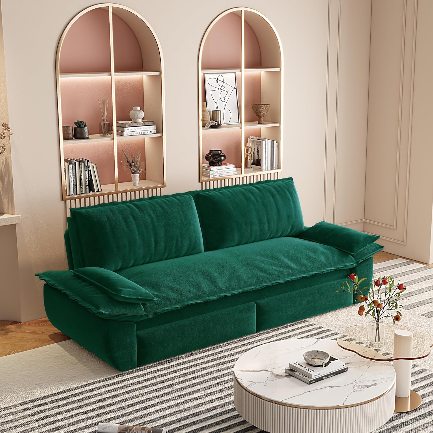 3 in 1 Convertible Queen Sleeper Sofa Bed Comfy Pull Out Futon Couch Bed 73.2' Modern Velvet Recliner Loveseat Sofa Multi-Functional Green Cloud Couch for Living Room,Apartment,Office (Green 73.2')