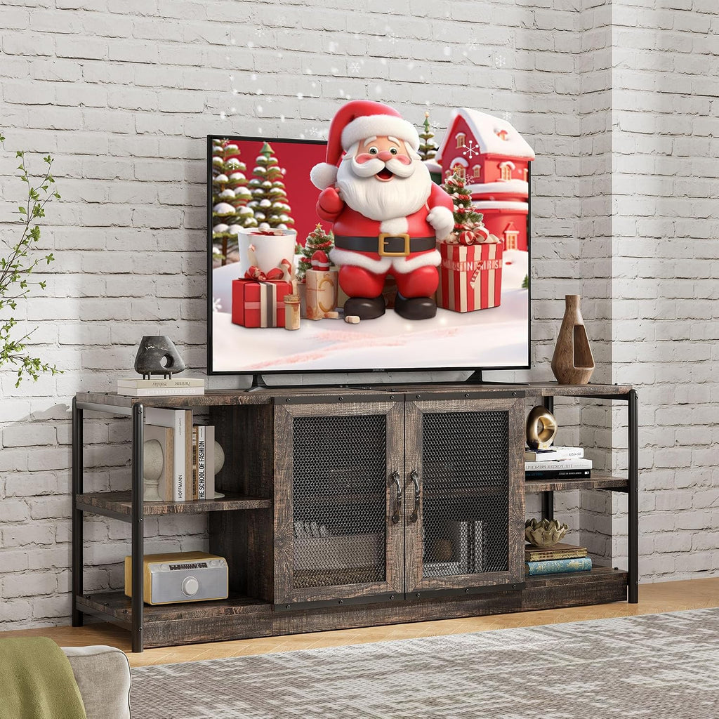 Garvee TV Stand for 65+ Inch TV, Industrial Entertainment Center with 4 Shelfs, Farmhouse TV Cabinet with 2 Doors for Living Room