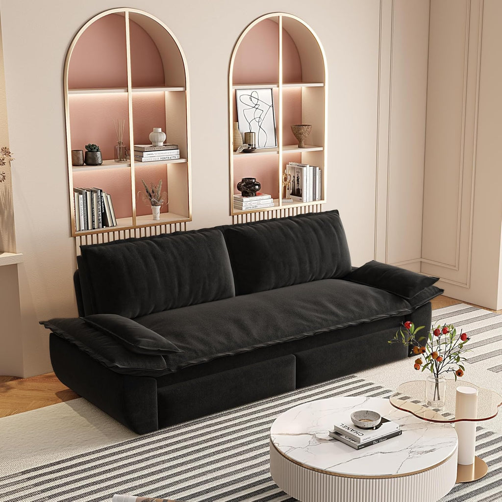 3 in 1 Convertible Queen Sleeper Sofa Bed Comfy Pull Out Futon Couch Bed 73.2' Modern Velvet Recliner Loveseat Sofa Multi-Functional Black Cloud Couch for Living Room,Apartment,Office (Black 73.2')