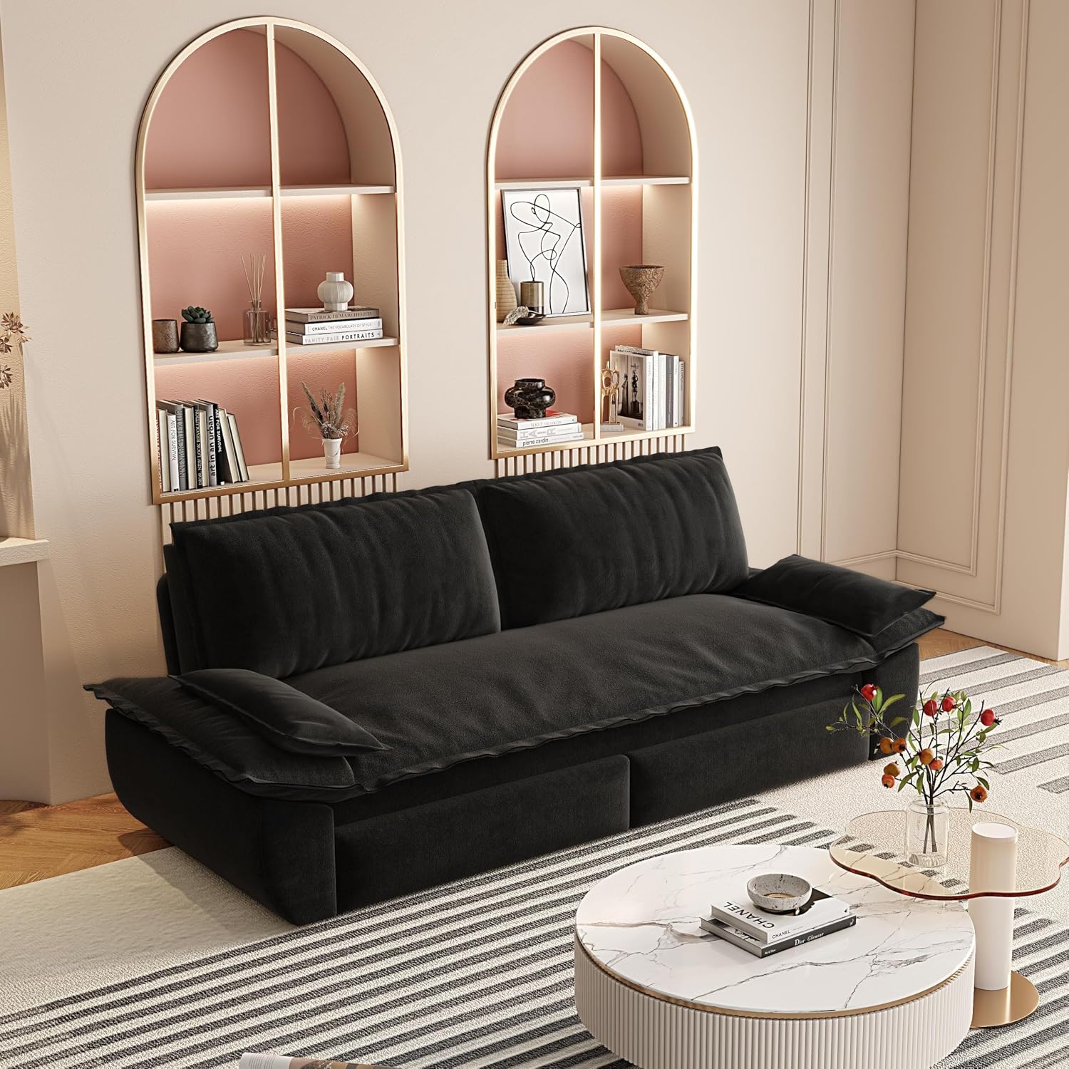 3 in 1 Convertible Queen Sleeper Sofa Bed Comfy Pull Out Futon Couch Bed 73.2' Modern Velvet Recliner Loveseat Sofa Multi-Functional Black Cloud Couch for Living Room,Apartment,Office (Black 73.2')