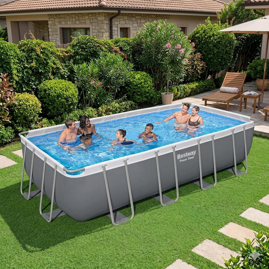 Bestway Power Steel 18' x 9' x 48' Above Ground Pool, Rectangular Metal Frame Outdoor Swimming Pool Set with Filter Pump, Ladder, and Cover
