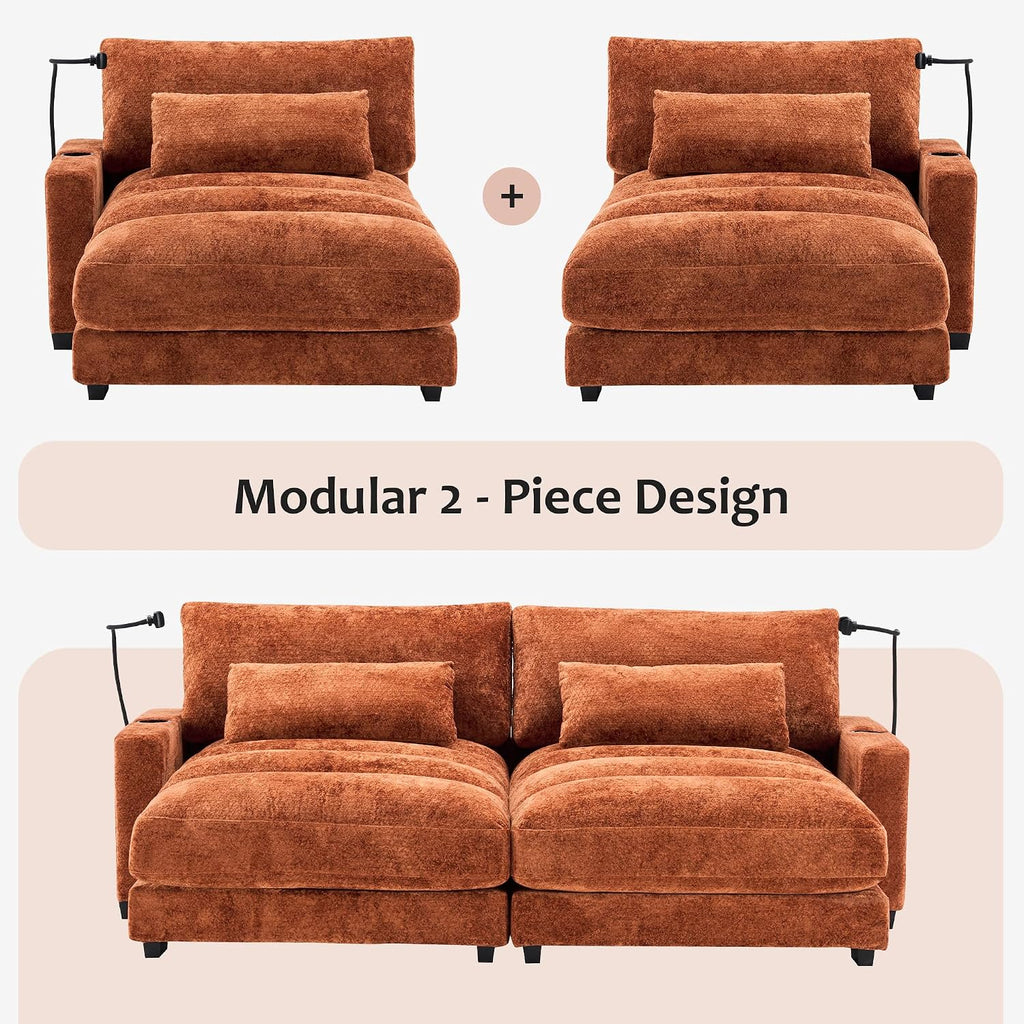 Yoglad Oversized Recliner Lounge Chair Set of 2 with USB Charging & Phone Holder - 400lb Heavy Duty Soft Chenille Reading Chair for Adults, Perfect for Small Spaces in Bedroom/Living Room, Orange