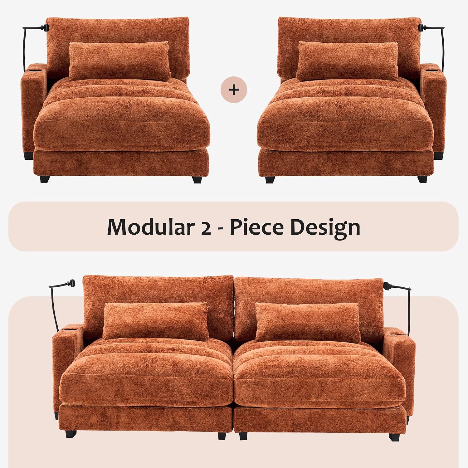 Yoglad Oversized Recliner Lounge Chair Set of 2 with USB Charging & Phone Holder - 400lb Heavy Duty Soft Chenille Reading Chair for Adults, Perfect for Small Spaces in Bedroom/Living Room, Orange