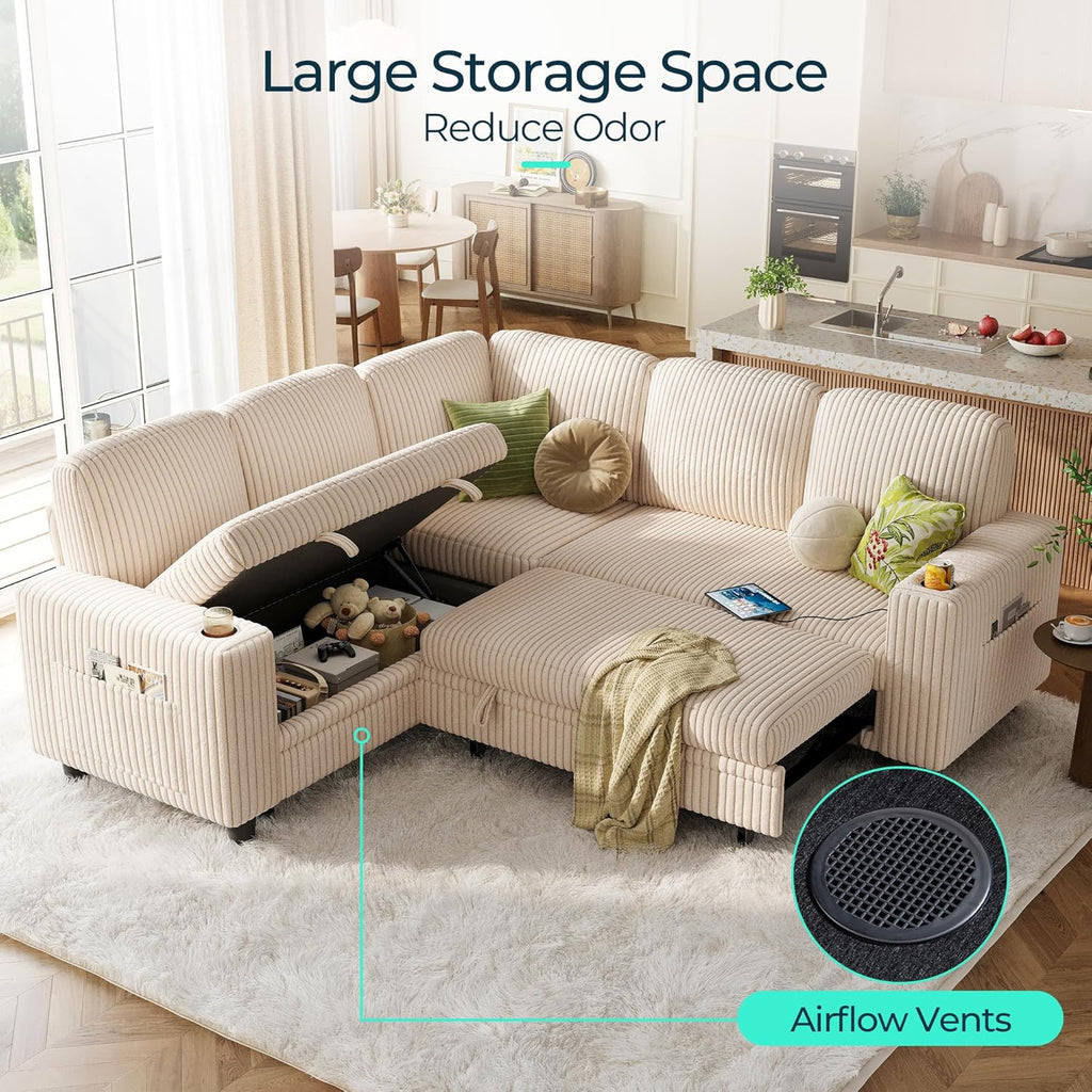 LINSY HOME Sectional Sleeper Sofa with Pull Out Couch Bed for Living Room (Beige) | Plush Corduroy, Storage Ottoman, Storage Chaise, Pull Out Couch, USB Charging