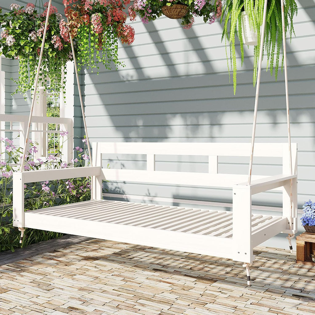Harper & Bright Designs Patio Wooden Twin Size Porch Swing Daybed Frame, Garden Swing Bench Chair with 4 Hanging Ropes for Backyard,Outdoor,White