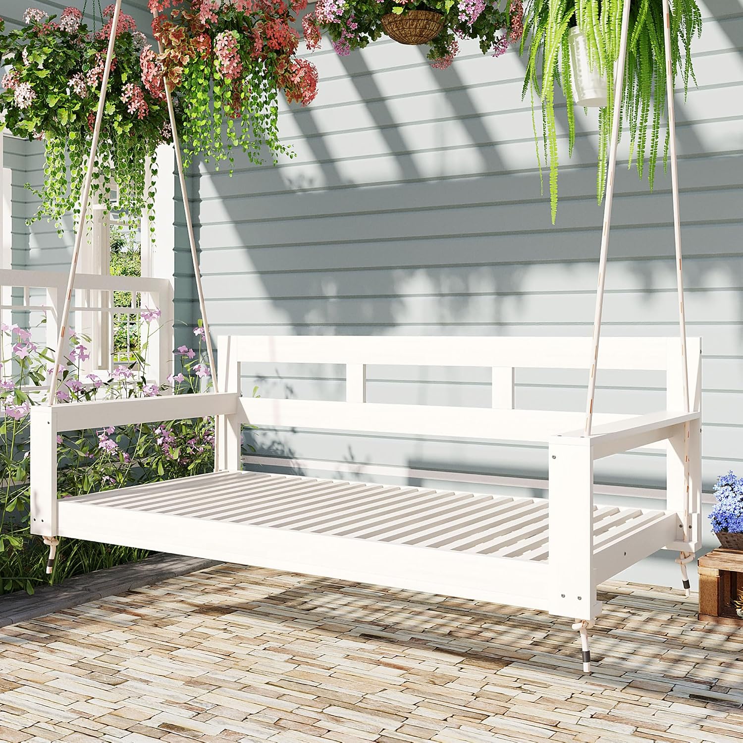 Harper & Bright Designs Patio Wooden Twin Size Porch Swing Daybed Frame, Garden Swing Bench Chair with 4 Hanging Ropes for Backyard,Outdoor,White