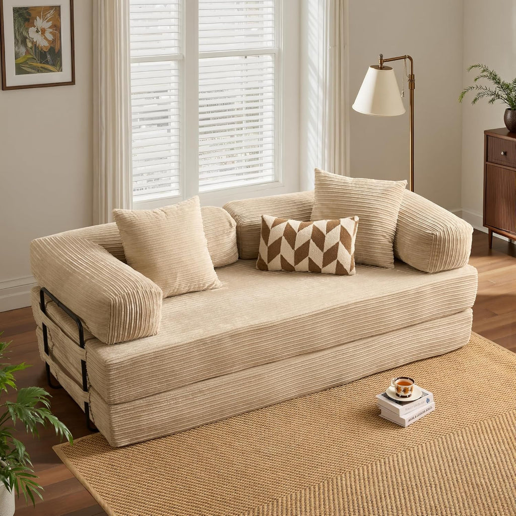 ovios 81' Folding Sofa Bed, Foldable Sleeper Boneless Couch with Pull Out Beds, Modular Convertible Floor Futon Loveseat Lounger for Living Room (Corduroy, Beige)