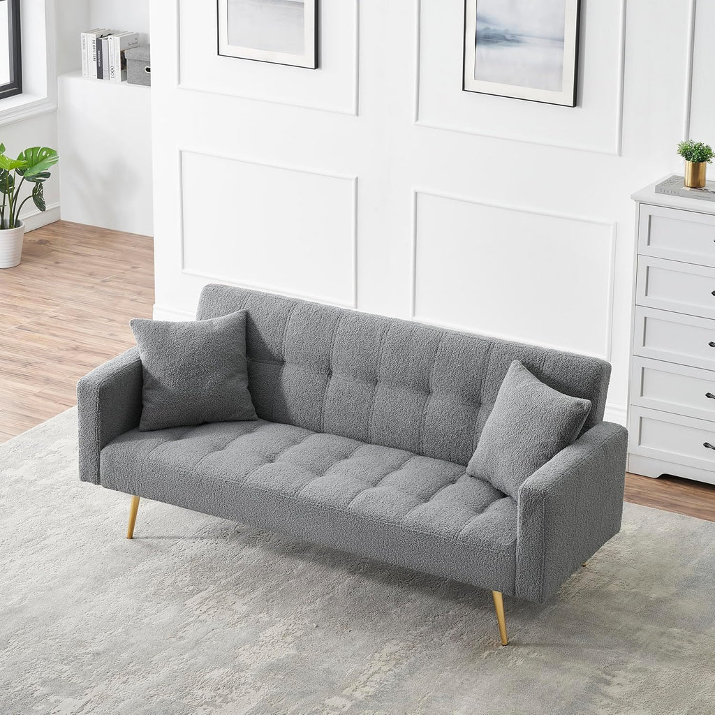 Eafurn Teddy Fleece Folding Sleeper Sofa Bed Convertible Futon Loveseat Couch with 3 Adjustable Backrest, Tufted Recliner Lounge Sofabed Daybed with Golden Metal Legs for Living Room Apartment