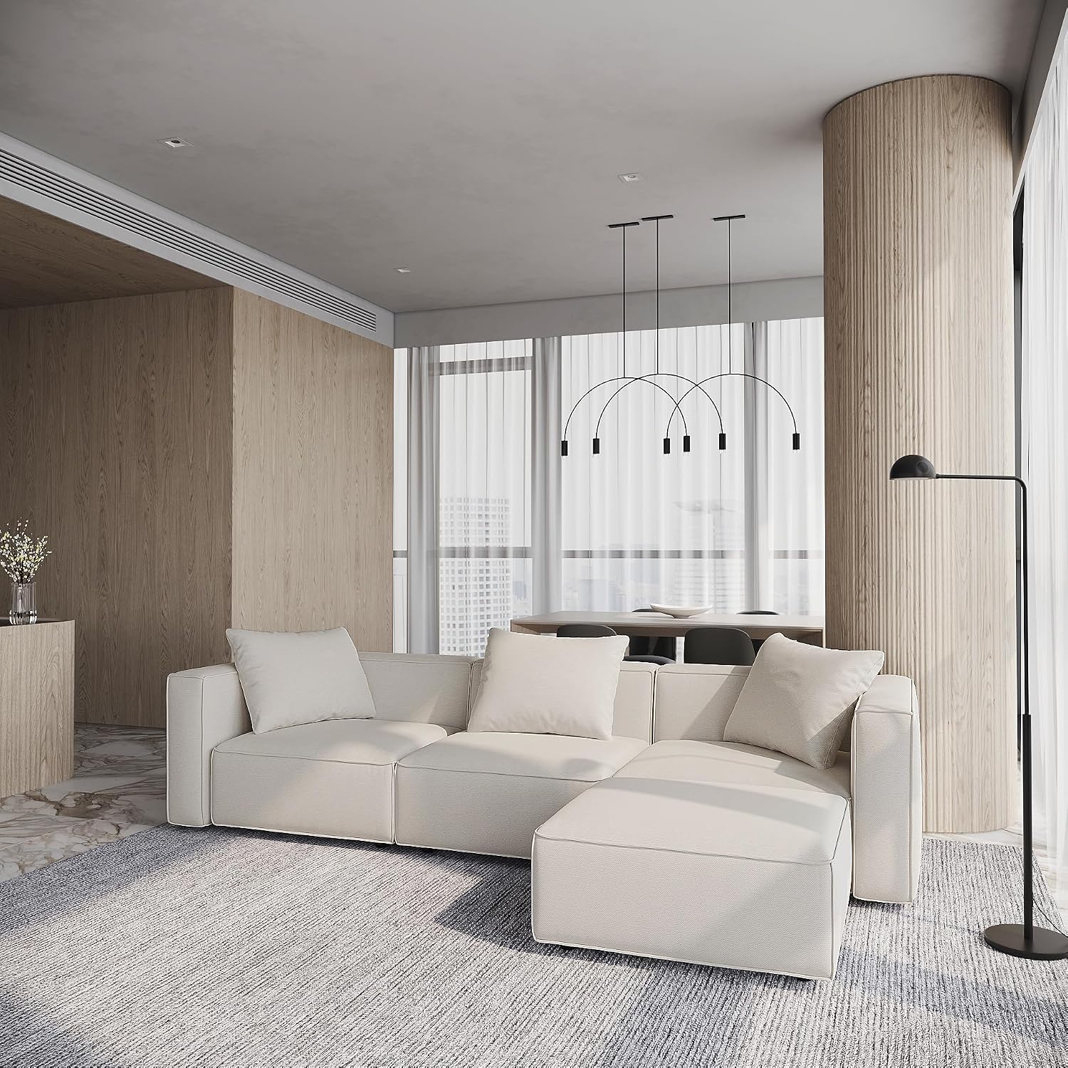 Acanva Luxury Modular Sectional Living Room Sofa Set, Modern Minimalist Style Couch with Ottoman and Chaise, L-Shape, Linen-Like Cream | Minimalist Style, With Ottoman, Modular Sectional