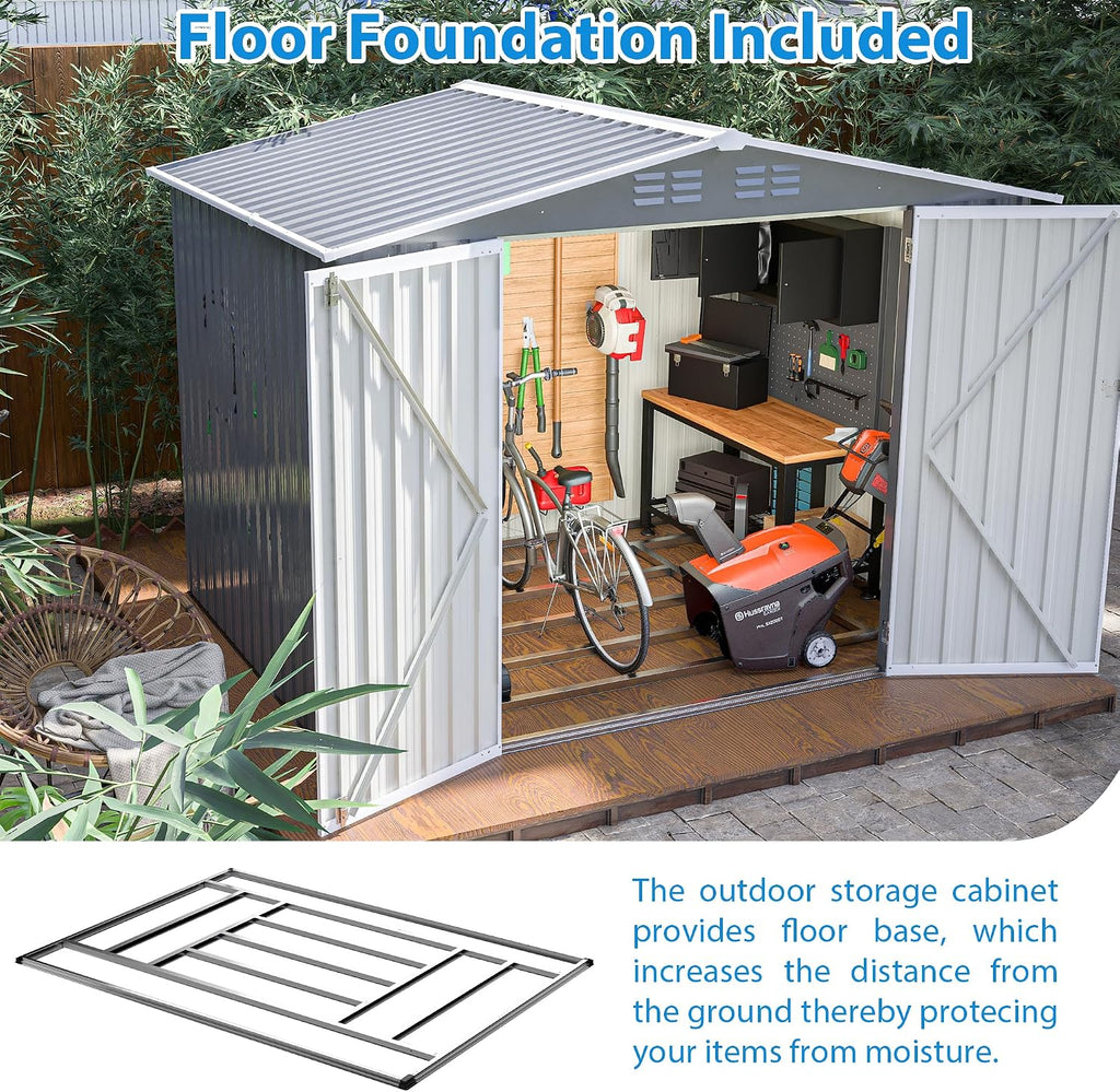 8 x 6 FT Outdoor Storage Shed, Metal Garden Shed with Floor Frame, Tool Shed Outdoor Storage with Lockable Hinged Doors & Air Vents, Storage House Waterproof for Backyard, Lawn, Gray