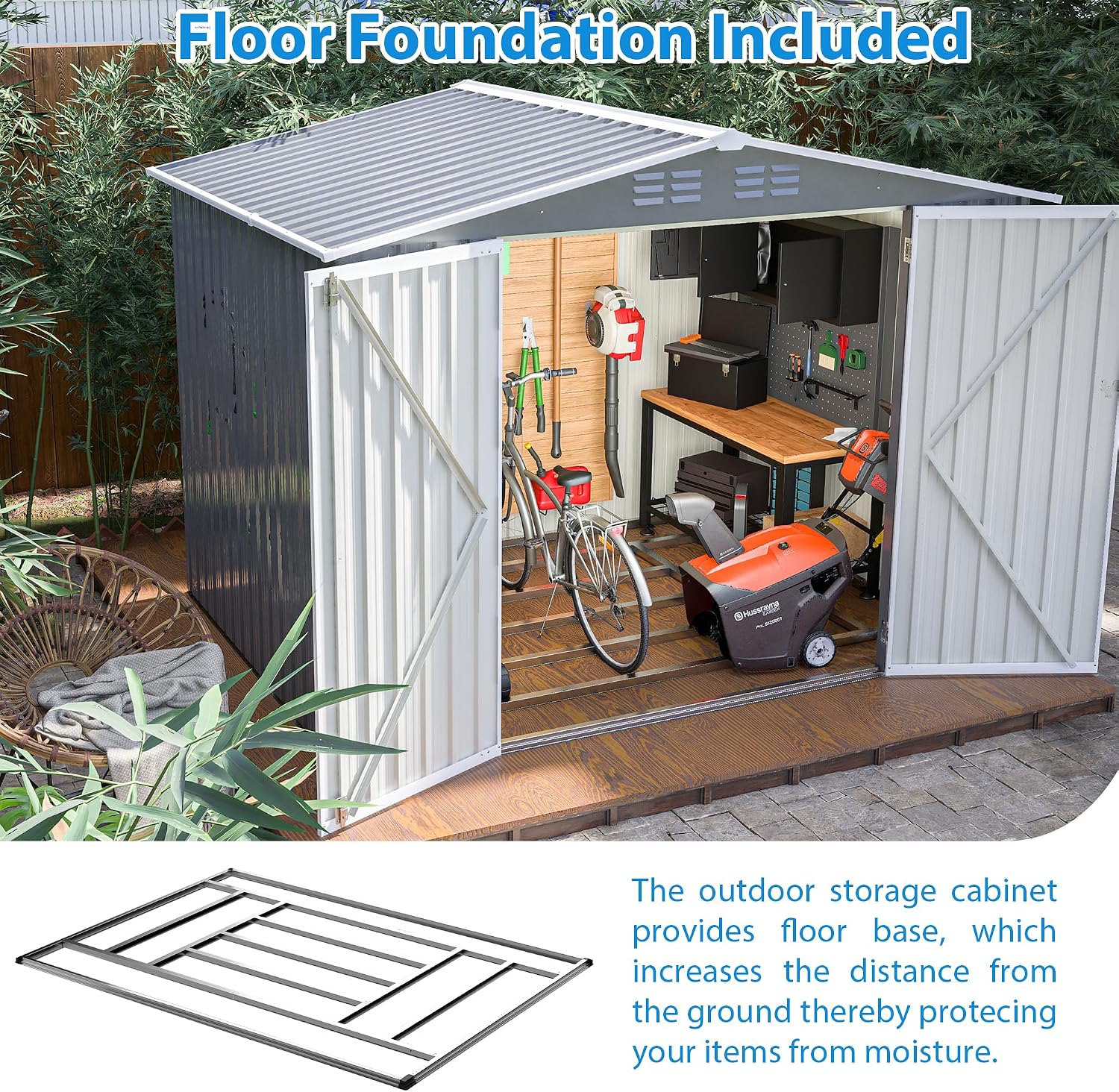 8 x 6 FT Outdoor Storage Shed, Metal Garden Shed with Floor Frame, Tool Shed Outdoor Storage with Lockable Hinged Doors & Air Vents, Storage House Waterproof for Backyard, Lawn, Gray