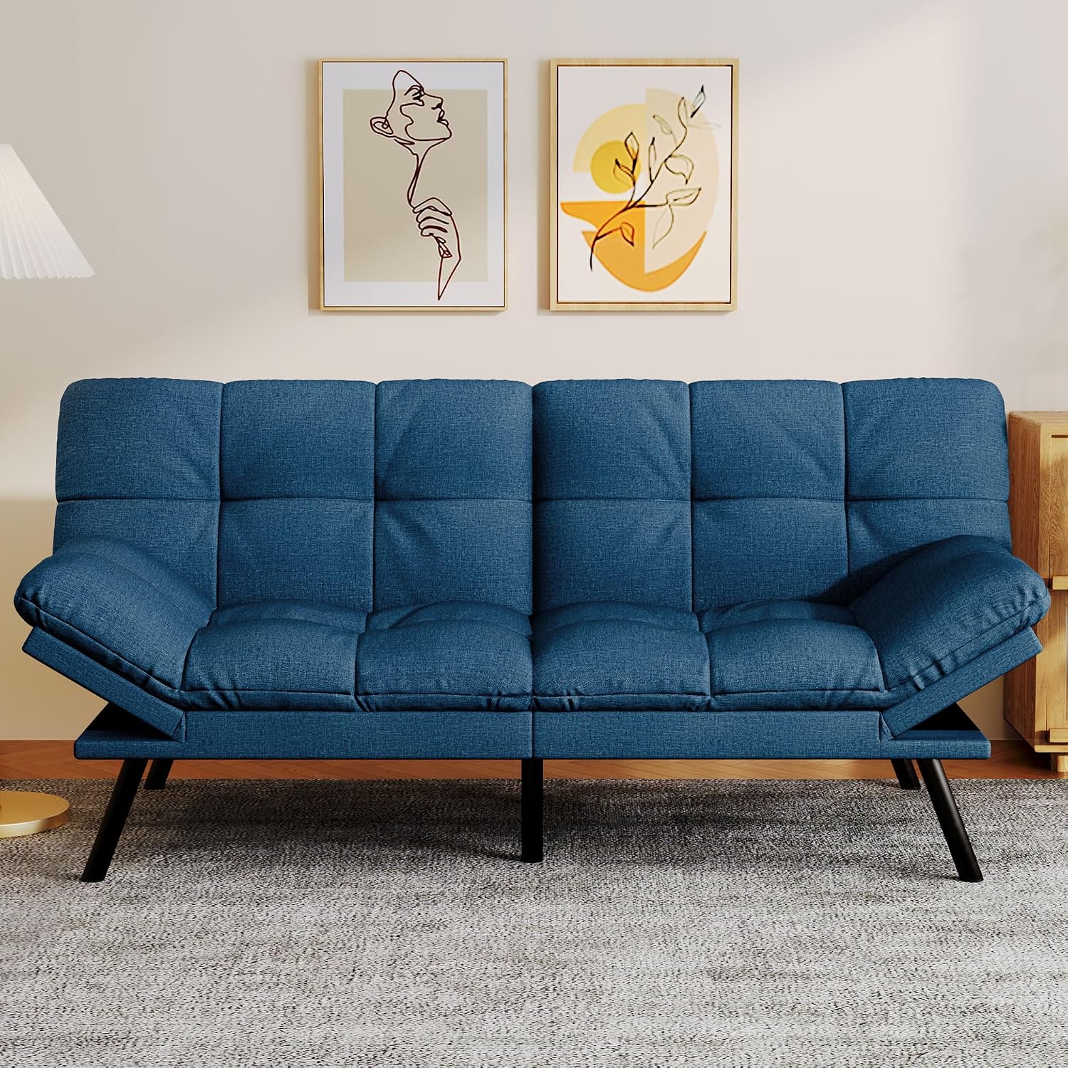 Convertible Futon Sofa Bed,Linen Futon Couch with Detachable Cushion,Adjustable Backrest & Armrest,Modern Small Loveseat Sleeper Recliner for Living Room,Office,Apartment,Blue
