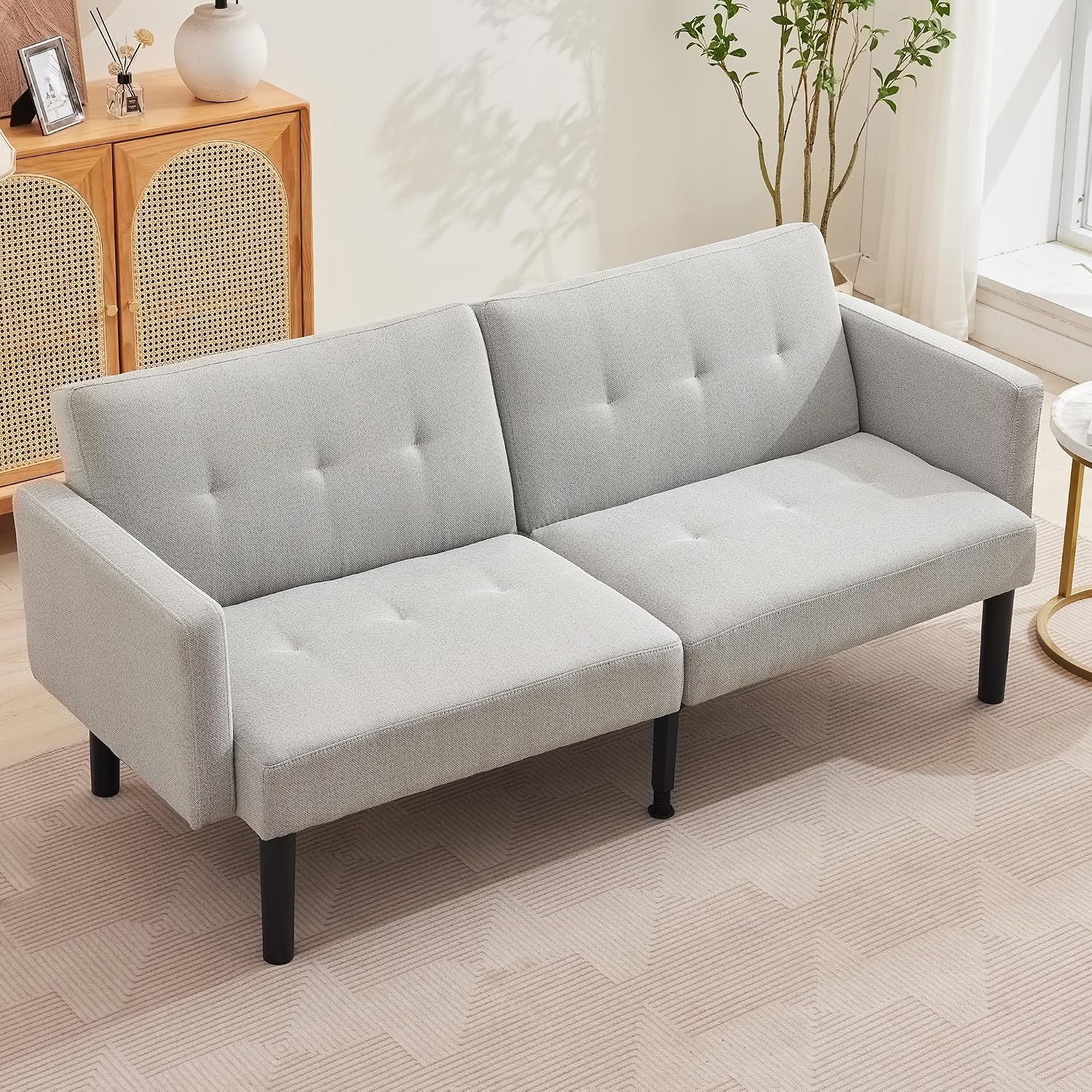 Garvee 75.5' Convertible Futon Sofa Bed, Linen Upholstered Futon Couch with Strong Legs, Mid Century Modern Sleeper Sofa, Comfy Loveseat for Living Room, Bedroom, Dorm, Grey