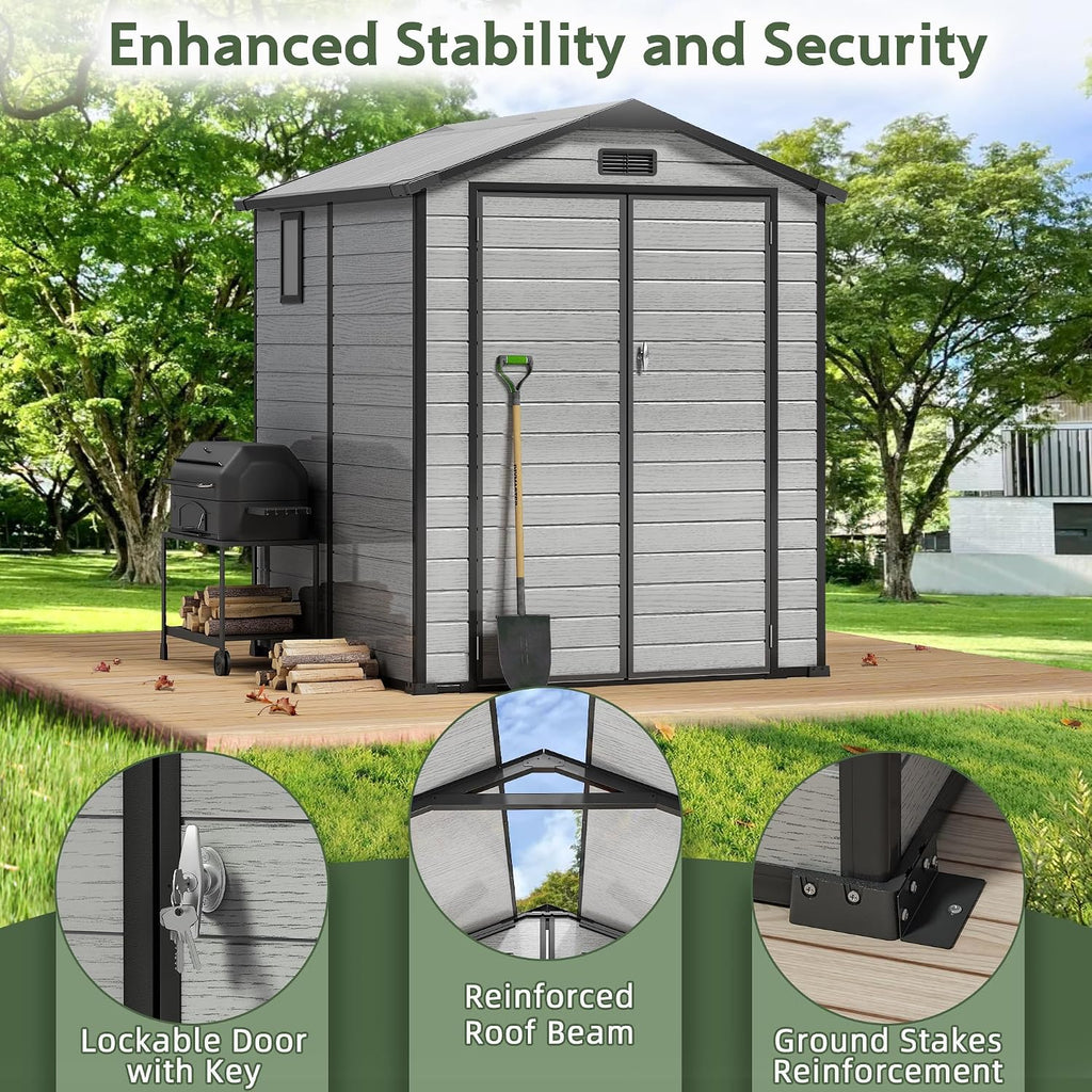 6X6 FT Plastic Outdoor Storage Shed, Double Door Tool Shed with Vent, Lockable Door with Key, Storing Patio Furniture, Gardening Tools, and Bicycle Accessories