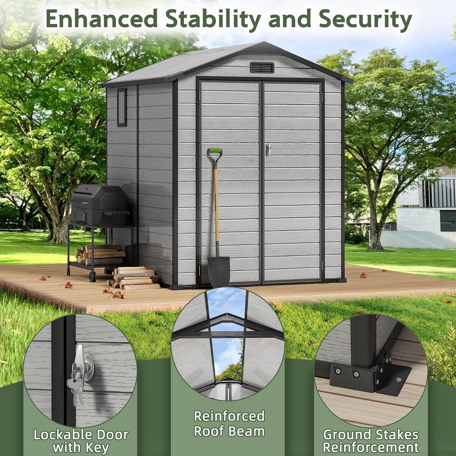 6X6 FT Plastic Outdoor Storage Shed, Double Door Tool Shed with Vent, Lockable Door with Key, Storing Patio Furniture, Gardening Tools, and Bicycle Accessories
