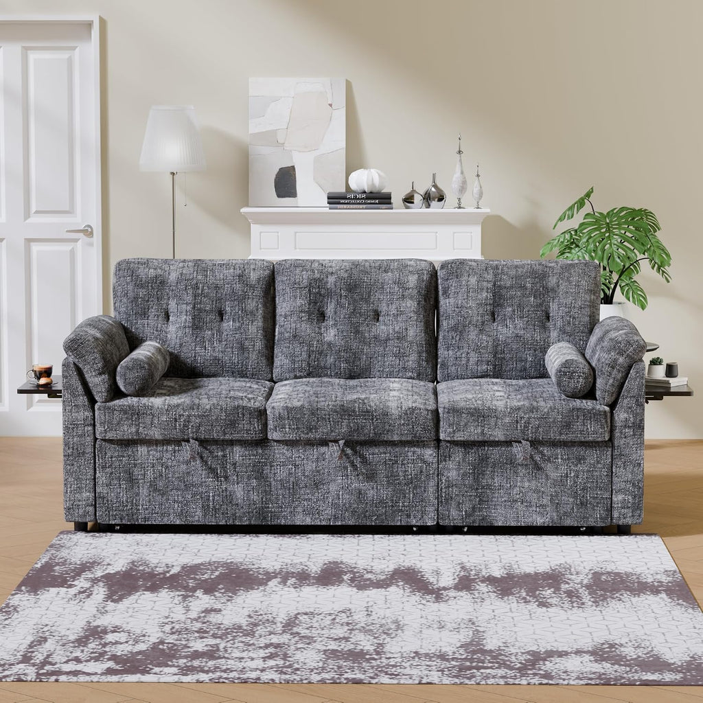 Convertible Sleeper Sofa Bed, 63 Inch Chenille Pull Out Couch with Side Table & Adjustable Backrest, Sectional Sleeper Sofa with Pull Out Bed for Living Room, Apartment, Gray