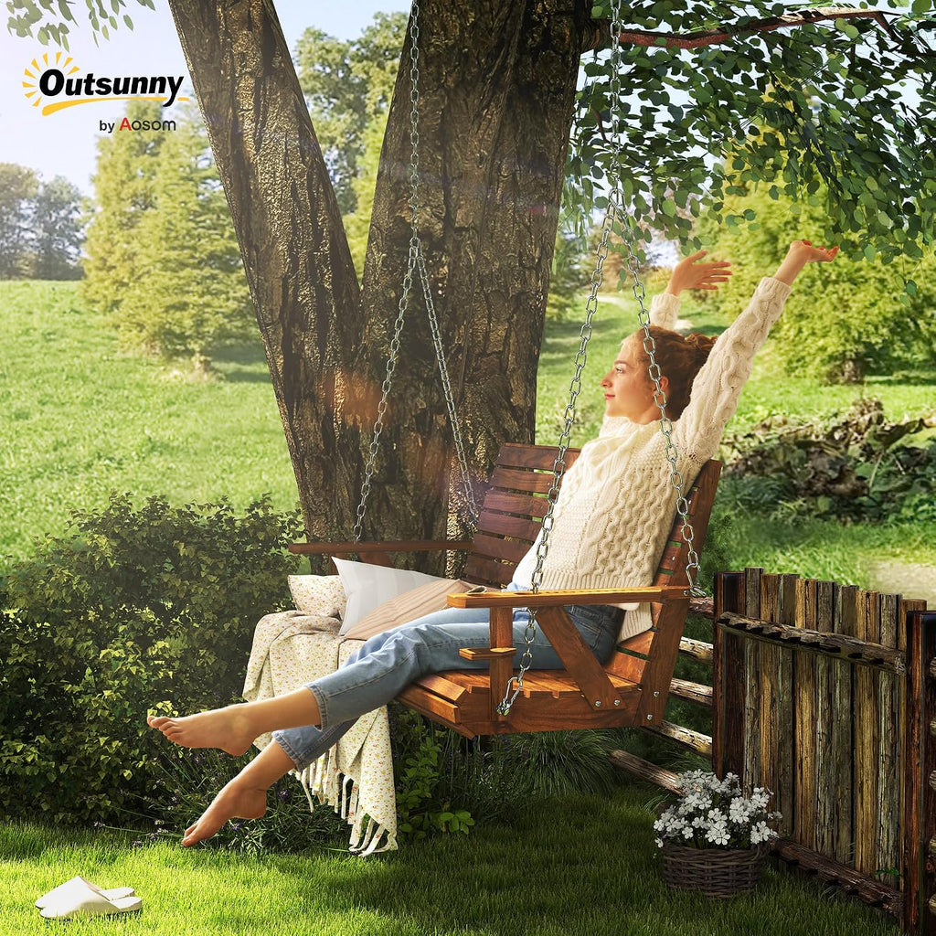 Outsunny Upgraded Wooden Porch Swing 3-Seater, 5 FT Outdoor Patio Swing Bench with Cupholders, Hanging Chains, Swing Chair Bench for Patio Garden Yard, Carbonized