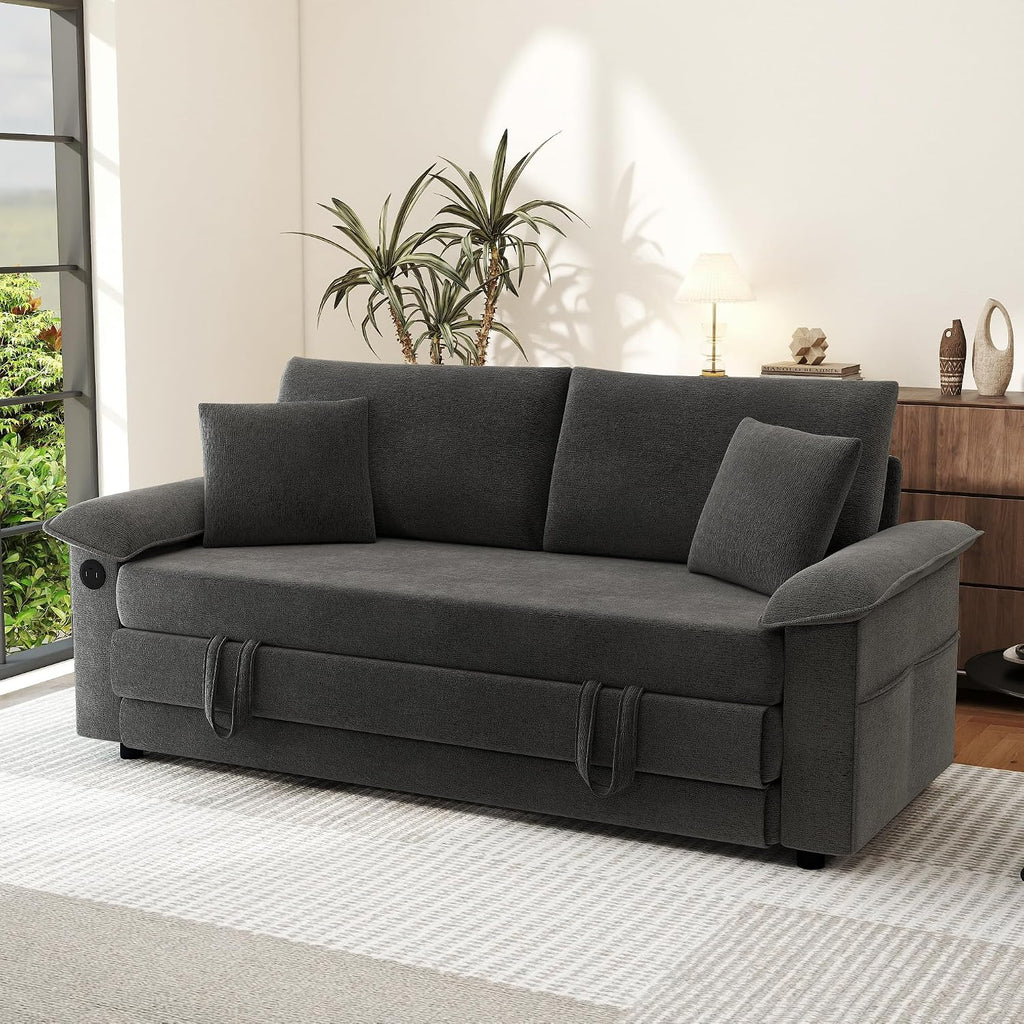 SUNWAVE 77' Sleeper Sofa Convertible Sofa Bed with USB Ports & Side Pockets, Chenille Loveseat Pull Out Couch with Full Size Sleeping Area, Folding Sofa Bed for Living Room & Small Spaces (Black)