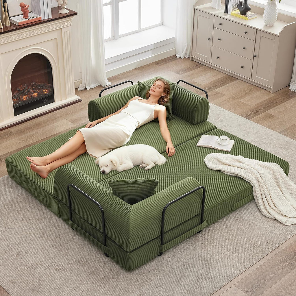 IDEALHOUSE 4 in 1 Convertible Sleeper Sofa Bed Couch, 79 Inch Boneless Corduroy Floor Couch with Pillows, No Assembly, Modern Deep Seat Sofa Futon Mattress for Living Room,Apartment,Green