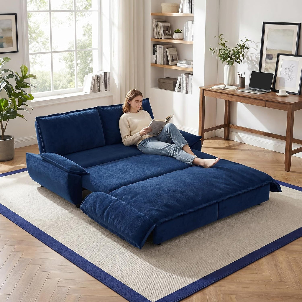 73.2' Sofa Bed Queen, 3-in-1 Pull Out Sofa Bed with Pillow Armrest, Modern Velvet Convertible Sleeper Futon Sofa for Living Room Small Space, Apartment, Bedroom, Blue