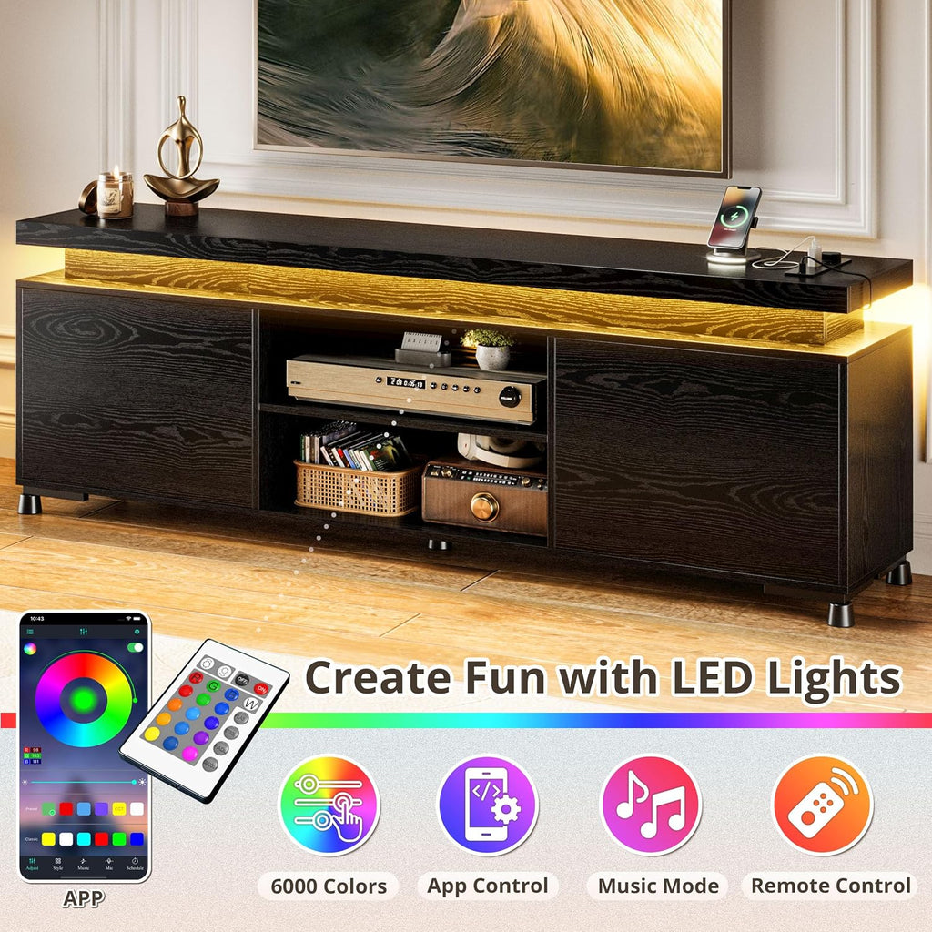 IRONCK TV Stand for TVs 85 inch, Entertainment Center with LED Lights and Power Outlet, TV Console Table with Cabinets and Open Storage Shelves, Black TV Stands for Living Room