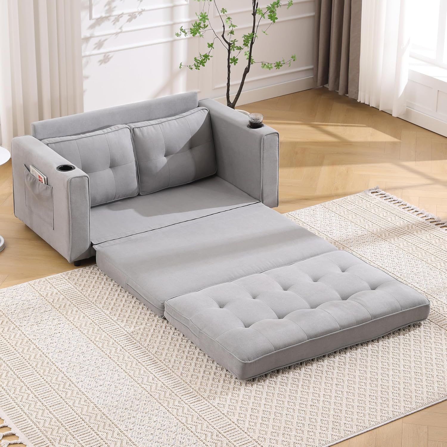 Convertible Loveseat Sleeper with Pull Out Bed, Foldable Tufted Sofa Bed Couch W/Cup Holder and Side Pockets, Light Gray