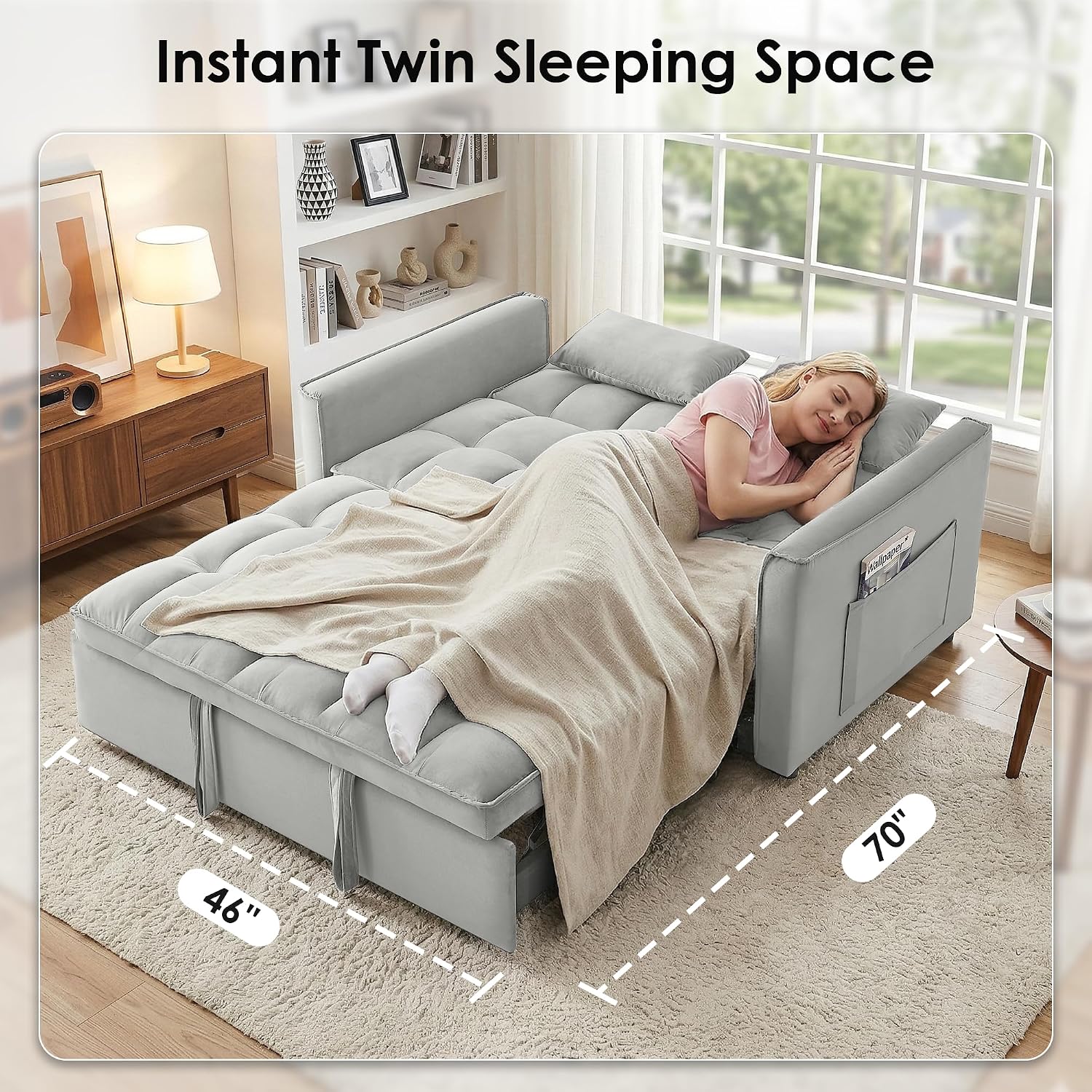 3 in 1 Convertible Sleeper Sofa Bed, 55' Pull Out Couches, Modern Loveseat Sleeper Sofa with Adjustable Reclining Backrest & Side Pockets for Living Room, Velvet Fabric, Grey