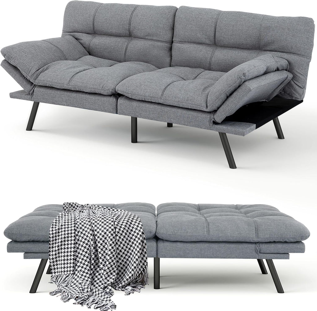 MUUEGM 71' Futon Sofa Bed, Comfortable Memory Foam Futons Sofa with Adjustable Backrest & Armrests, Convertible Loveseat Futon Bed for Compact Living Room, Apartment, Office, Grey