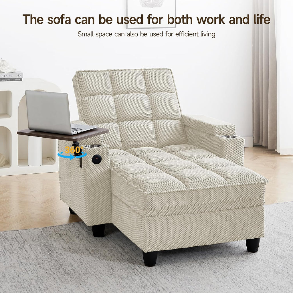 41.7' Oversized Chaise Lounge Chair Indoor, Boucle Upholstered Sofa Bed with Adjustable Backrest, Deep Seat Reading Chair, Sofas Couches for Living Room, Storage, Cup Holders & 360° Swivel Side Table
