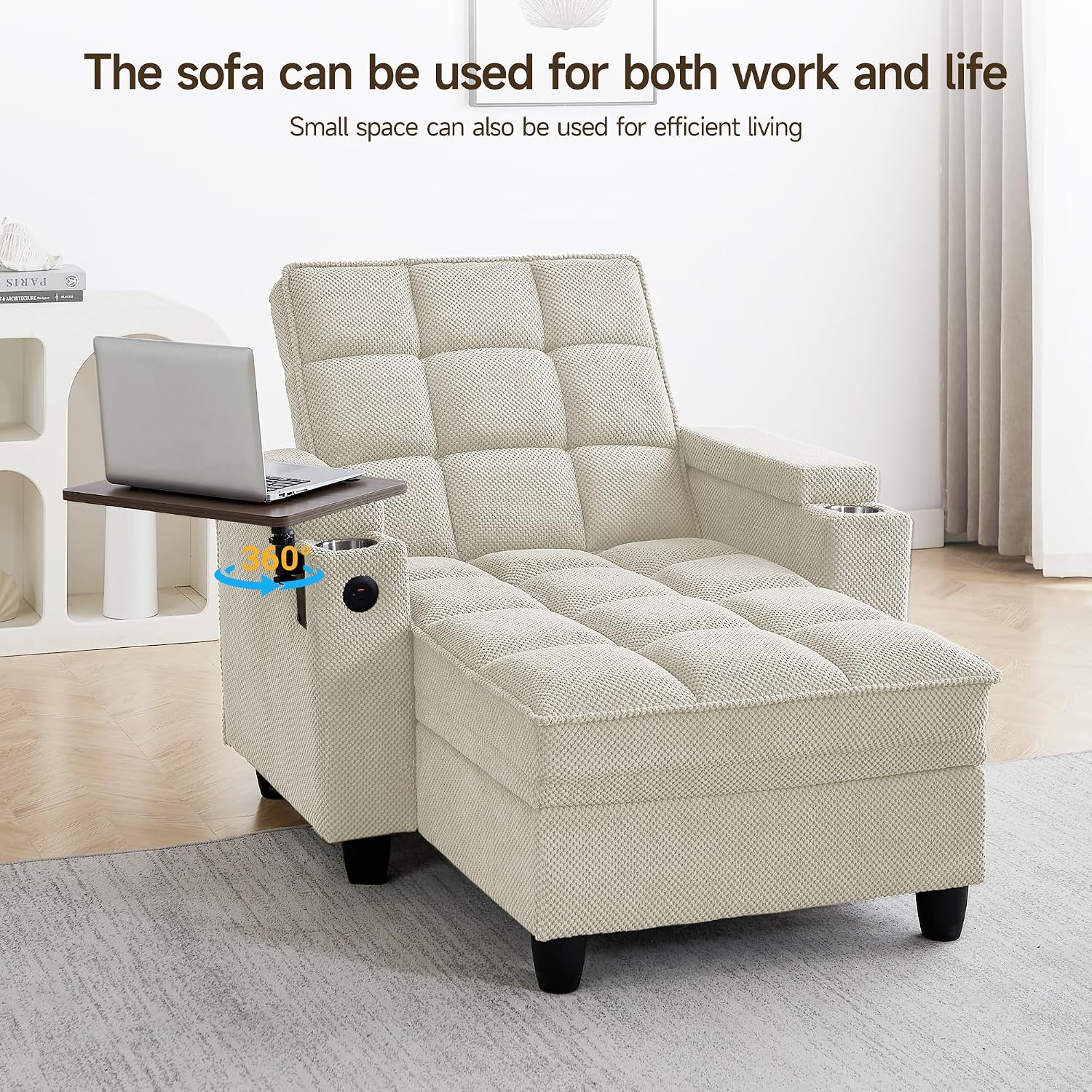 41.7' Oversized Chaise Lounge Chair Indoor, Boucle Upholstered Sofa Bed with Adjustable Backrest, Deep Seat Reading Chair, Sofas Couches for Living Room, Storage, Cup Holders & 360° Swivel Side Table