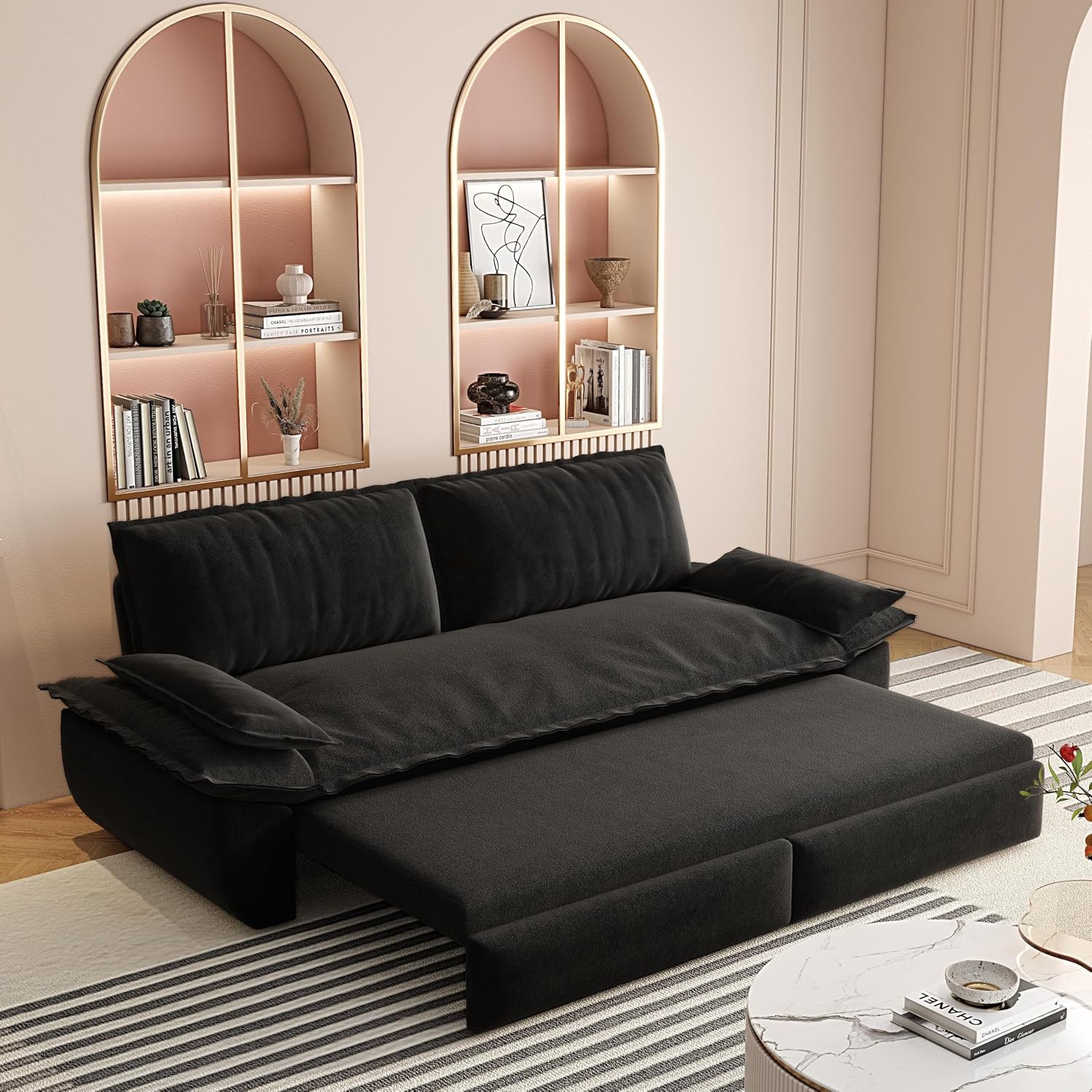 3 in 1 Convertible Queen Sleeper Sofa Bed Comfy Pull Out Futon Couch Bed 73.2' Modern Velvet Recliner Loveseat Sofa Multi-Functional Black Cloud Couch for Living Room,Apartment,Office (Black 73.2')