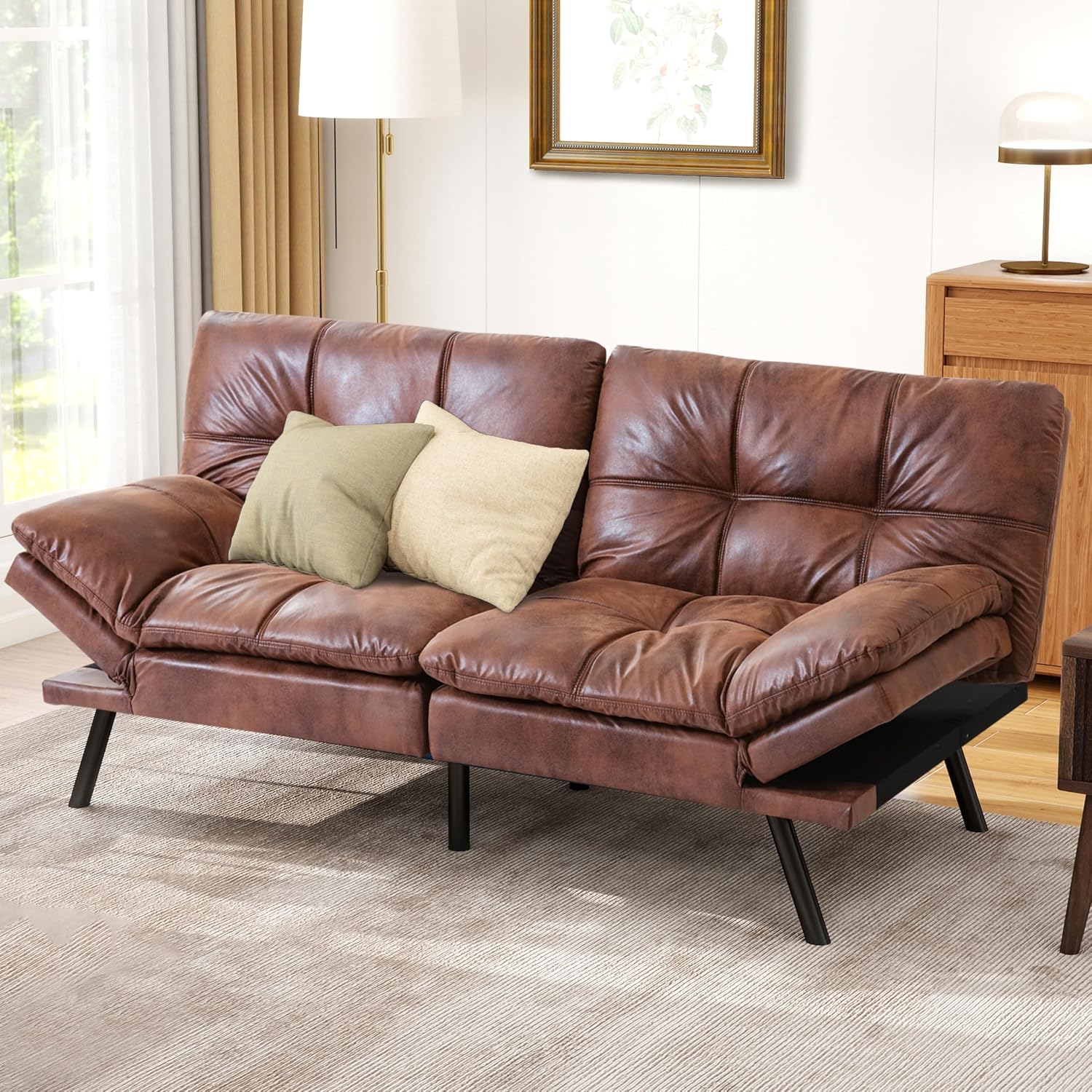71' Futon Sofa Bed, Memory Foam Convertible Faux Leather Futon Couch Beds with Adjustable Armrest Backrest, Multi-Functional Folding Sleeper Sofa Bed for Living Room, Apartment, Brown