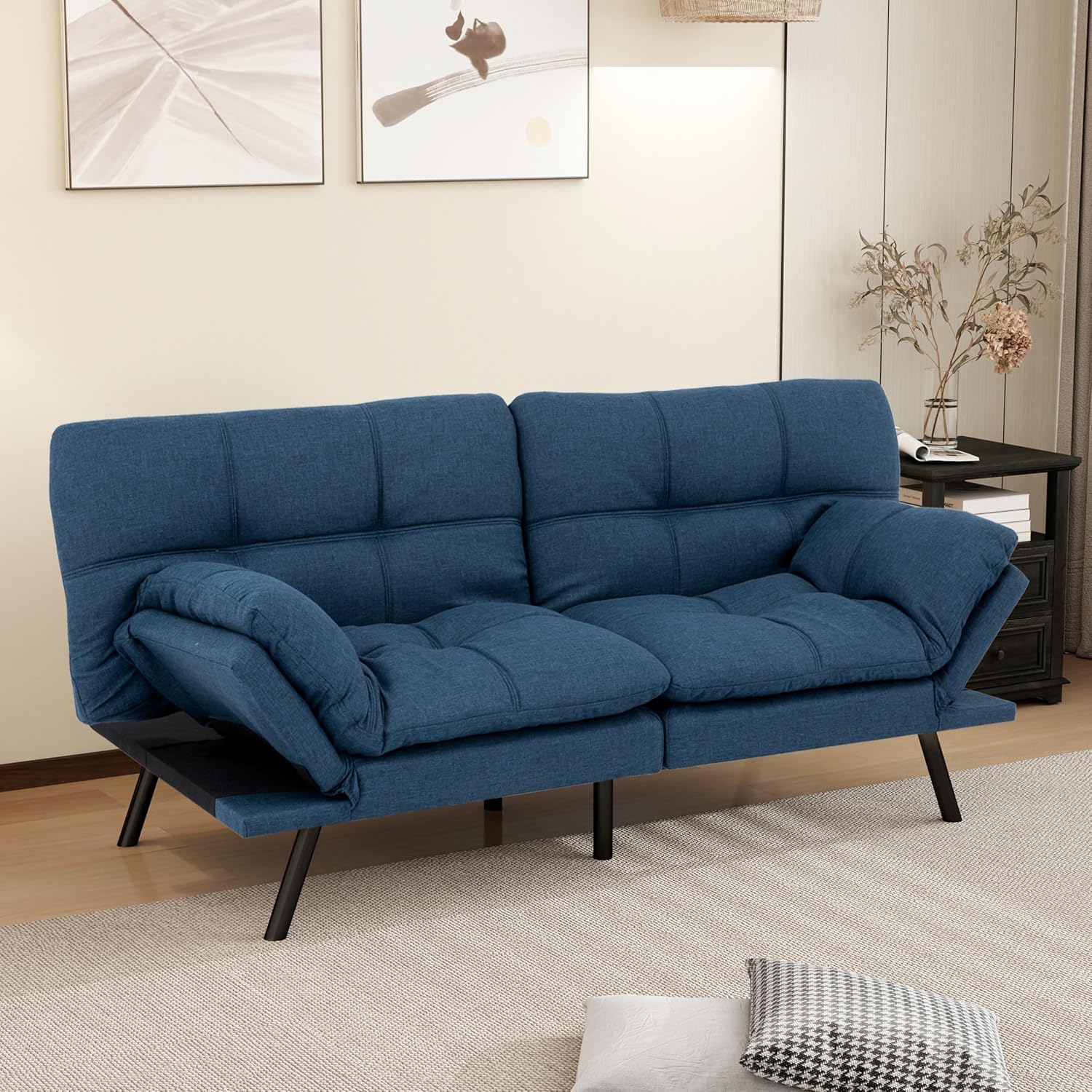 MUUEGM Futon Sofa Bed, 71' Comfortable Memory Foam Futon Sofa with Adjustable Backrest & Armrests,Convertible Folding Loveseat Recliner Sleeper Sofa Bed for Compact Living Room, Apartment, Office,Blue